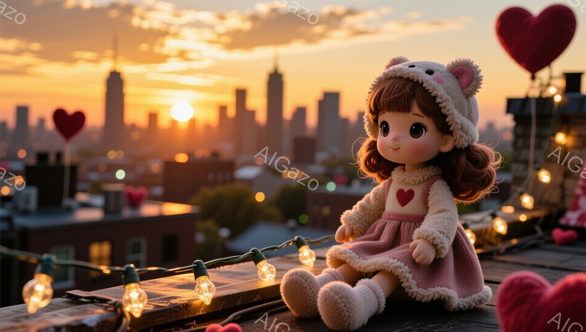 屋根の上に座っている可愛らしい人形が写っています。人形はピンク色のセーターと白いフリル付きのコートを着ており、耳の付いた帽子を被っています。背景には夕焼けに照らされた都市のスカイラインと、ハート型の風 - AI生成フリー素材