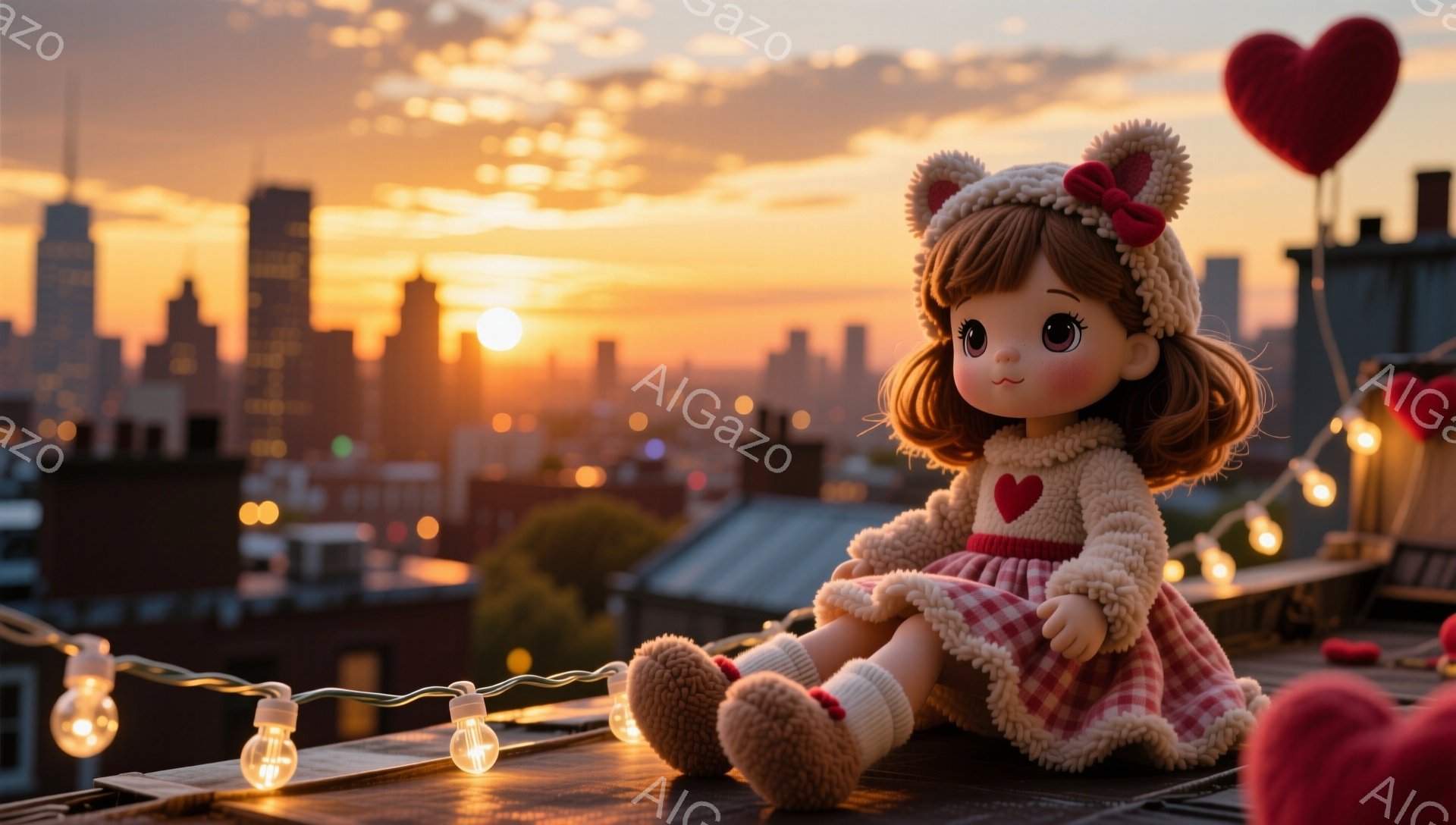 夕焼けを背景に、可愛らしい人形が屋上に座っています。ピンクと白のチェック柄のスカートと、ふわふわのセーター、そして耳の付いた帽子を身につけ、頬にはほんのり赤みが差しています。遠くには高層ビル群が広がり、温かい光と電飾がロマンチックな雰囲気を演出しています。