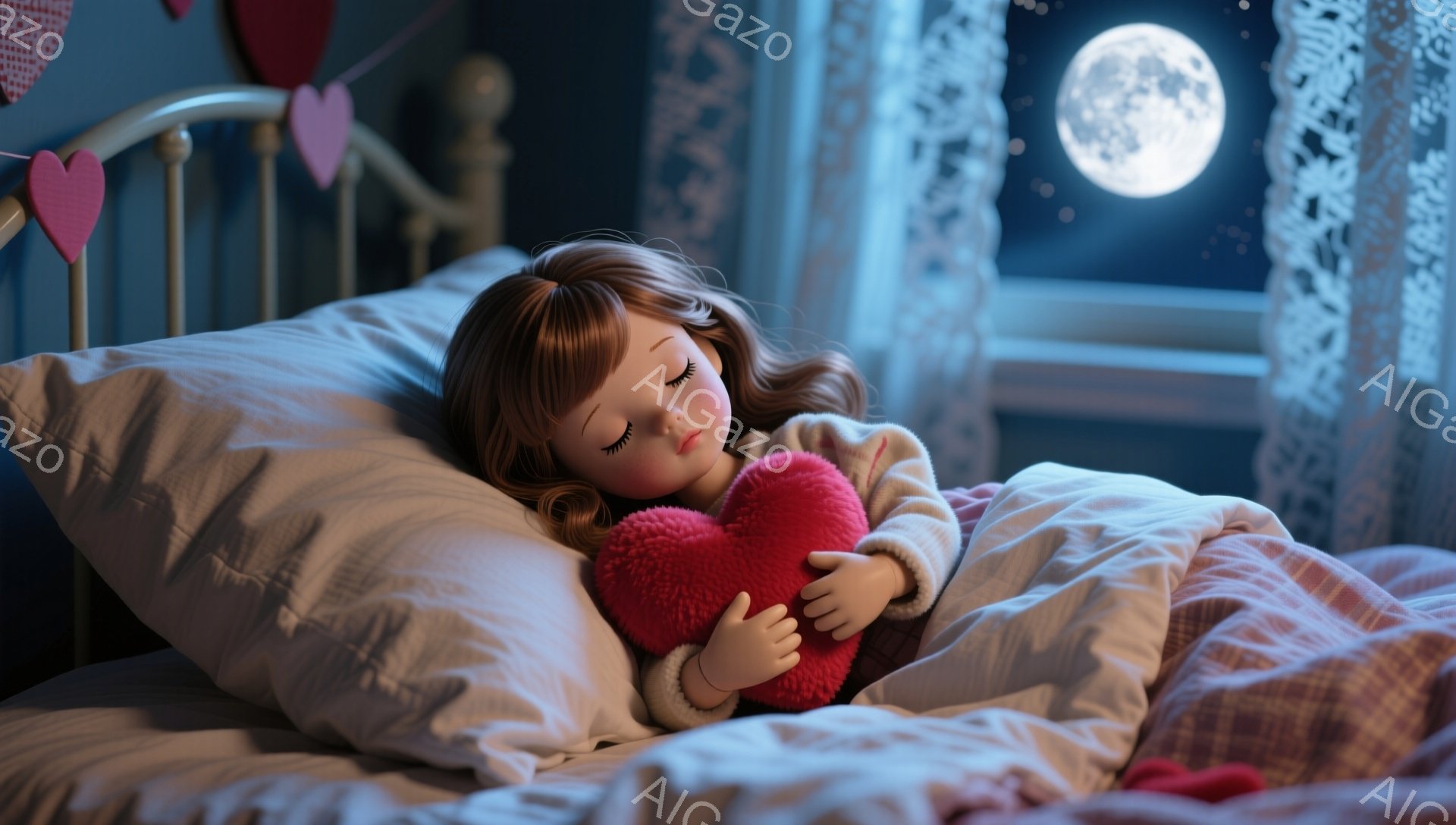 金髪で巻き毛の少女が、白いフリル付きパジャマを着てベッドで眠っています。彼女は赤いハート型のぬいぐるみぎゅっと抱きしめ、目は閉じて穏やかな表情を浮かべています。背景には、レースのカーテンがかかった窓があり、満月が輝く夜空が覗けます。