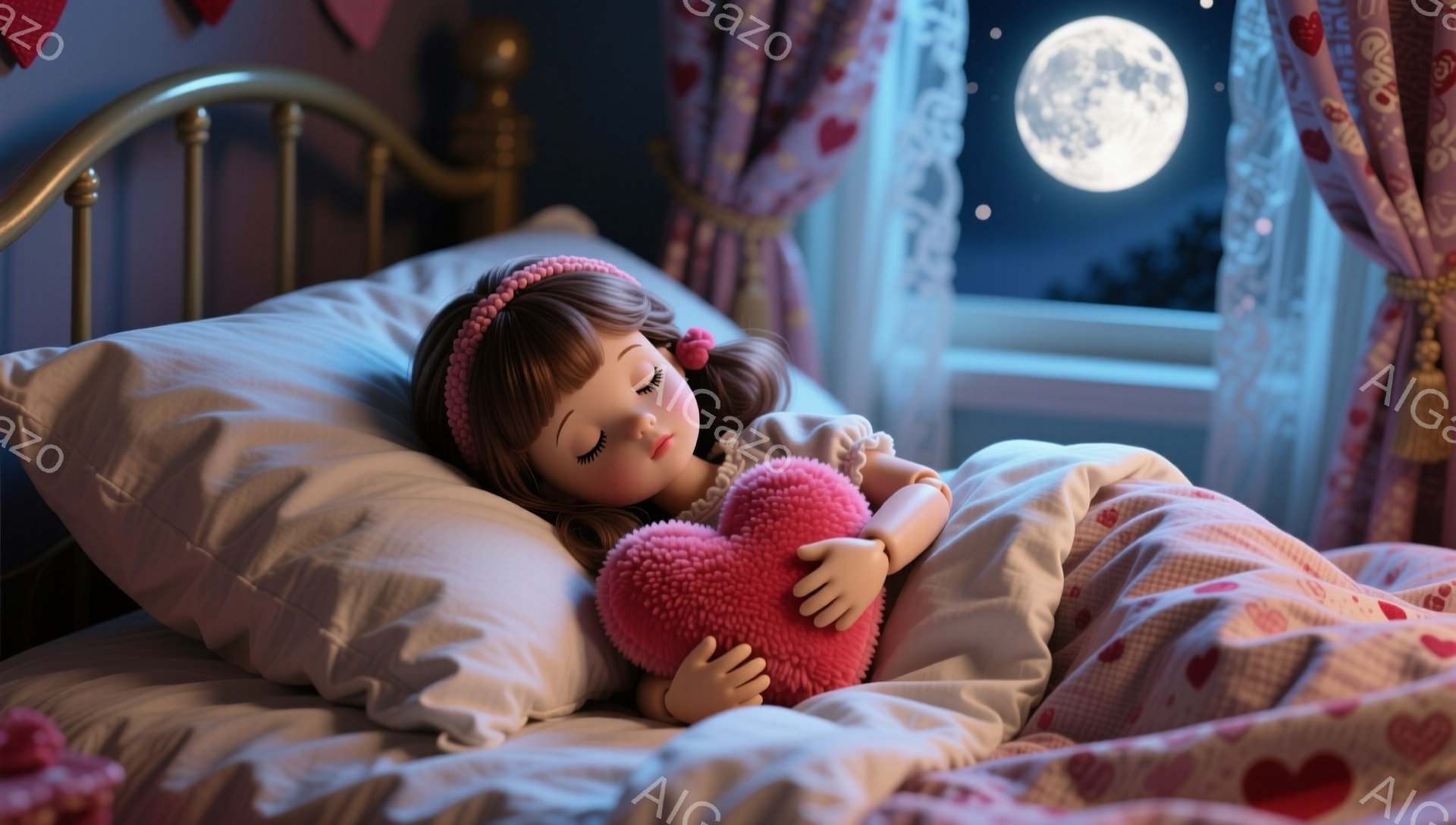 金髪でカールした髪をした少女が、ピンク色のパジャマを着てベッドに横たわっています。彼女は目を閉じて眠っており、赤いハート型の枕を抱きしめています。背景には、月の光が差し込む夜空と、花柄のカーテンが見え、温かく穏やかな雰囲気が漂っています。