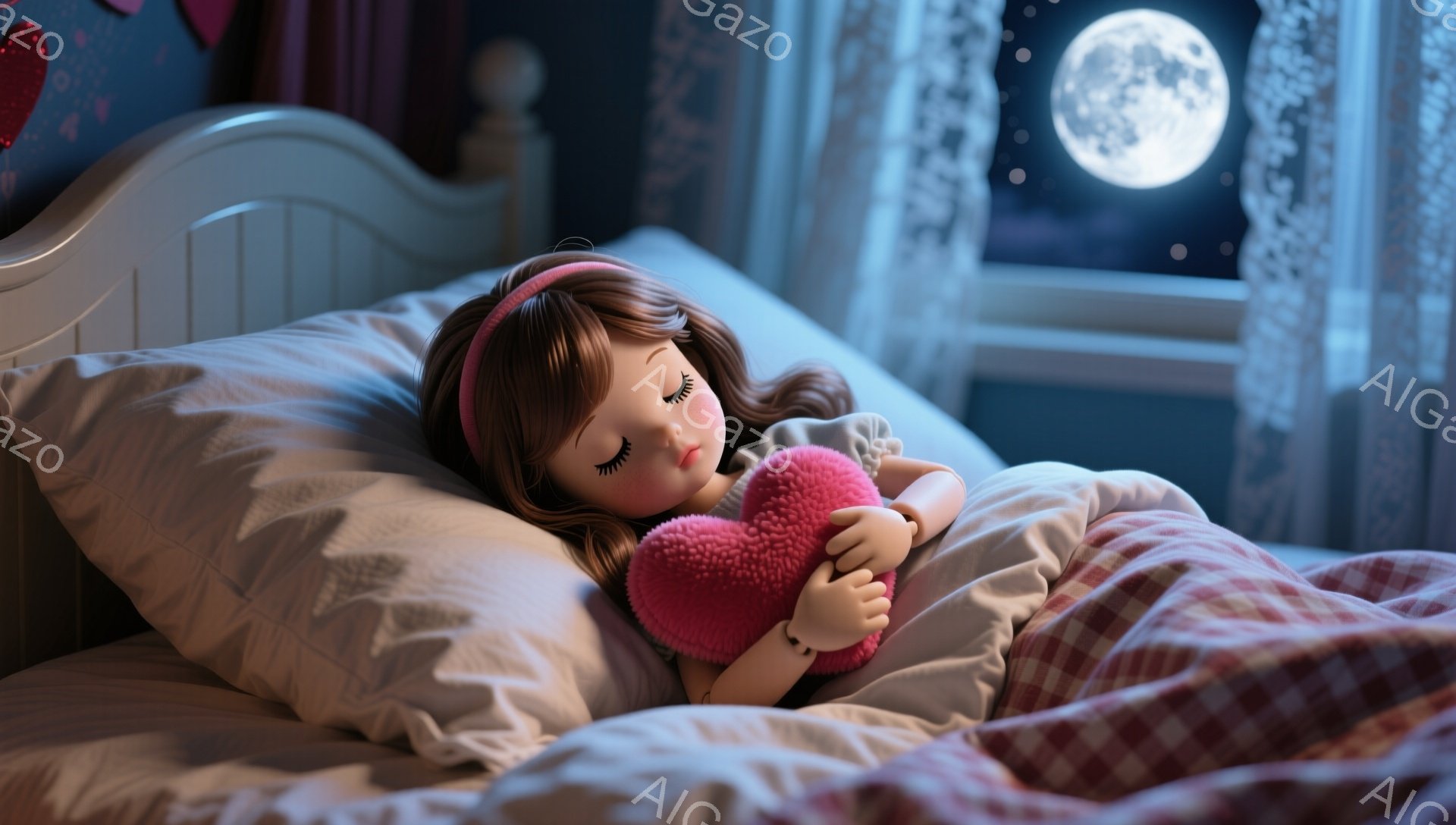 少女は白い枕に頭を預け、赤いチェック柄のシーツに包まれて眠っています。彼女はピンク色のヘッドバンドをつけており、長い茶色の髪は肩にかかっています。背景には暗い夜空と満月が見え、部屋全体が穏やかで安らかな雰囲気に包まれています。