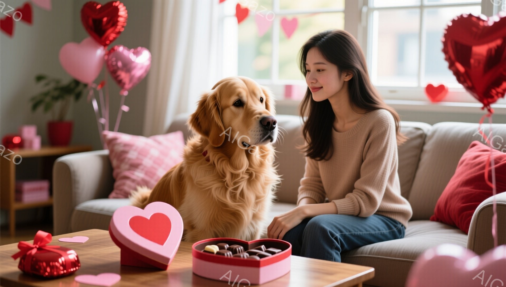 ソファに座っている若い女性は、ベージュ色のセーターとデニムのズボンを着用し、長い茶色の髪を肩に垂らしています。彼女は優しい表情で愛犬のゴールデンレトリバーを見つめており、犬は彼女の方を見て座っています。背景には、ハート型の風船やチョコレートが並んだテーブル、植物、そして穏やかな光が差し込む窓があり、バレンタインデーのような温かく幸せな雰囲気です。