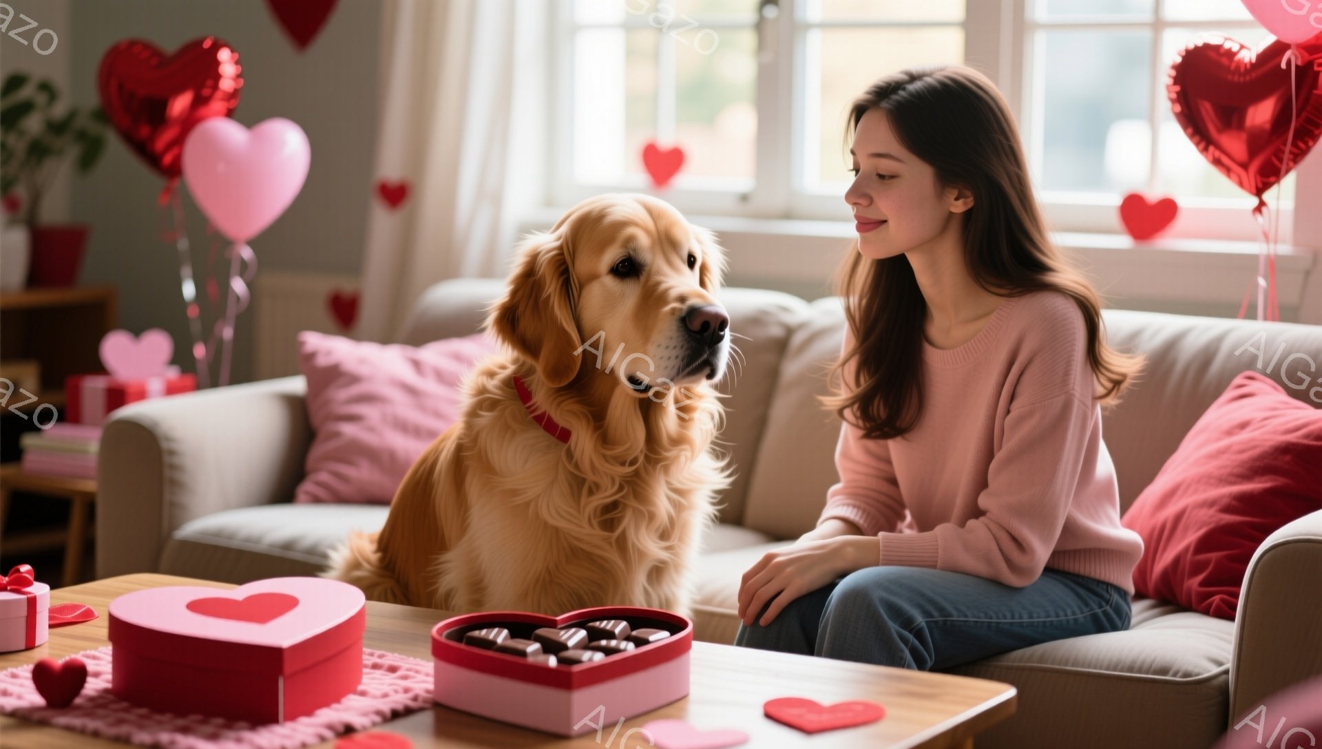 長い茶色の髪をした女性が、ピンクのセーターとジーンズを着てソファに座っています。彼女は微笑んでいて、隣に座っているゴールデンレトリバー犬を見つめています。背景には、ハート型のバルーンやチョコレートが入 - AI生成フリー素材