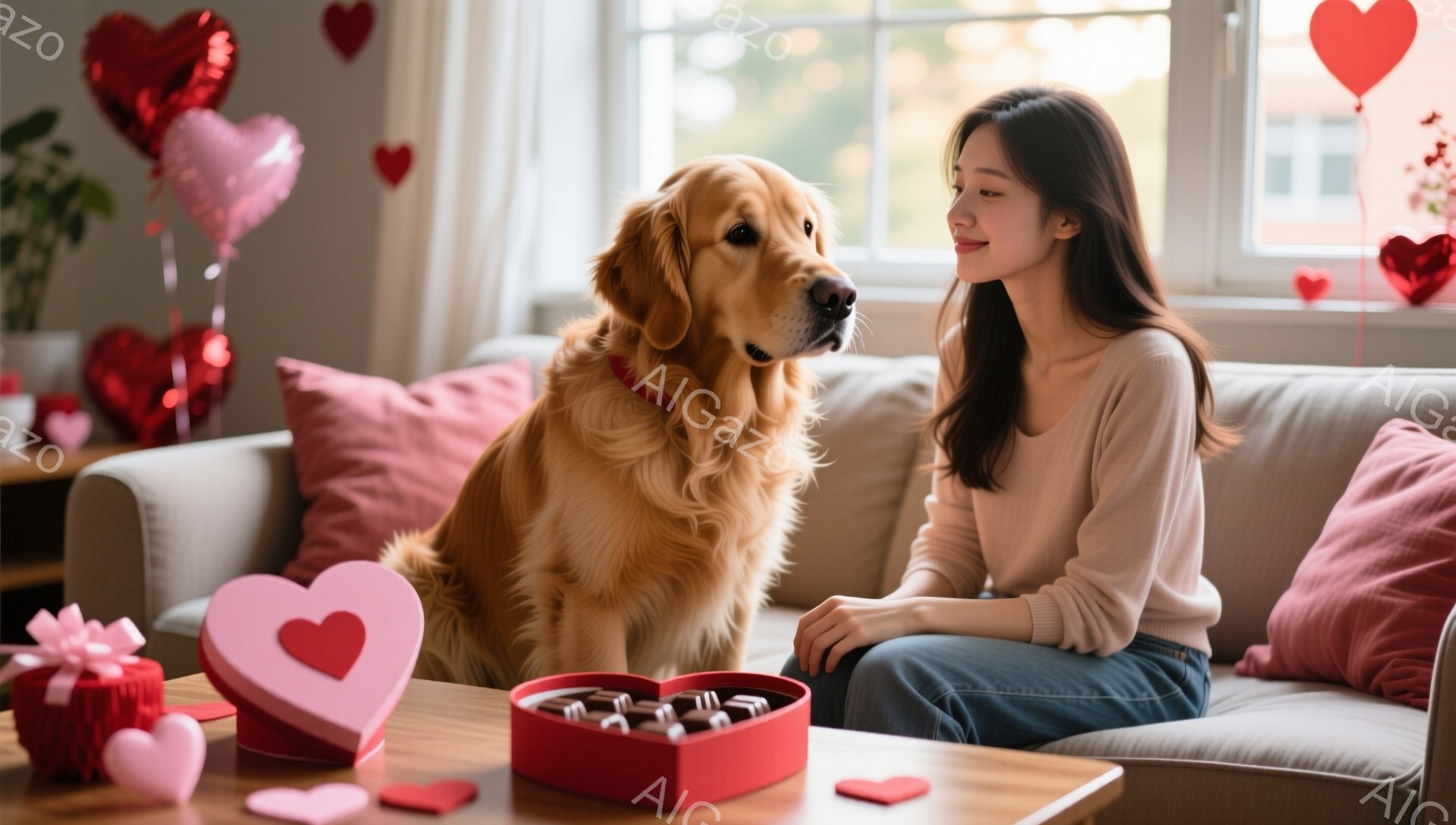明るいリビングルームで、女性がソファーに座り、ゴールデンレトリバーが彼女の横に寄り添っています。女性はゆるいウェーブヘアで、ベージュ色のセーターとジーンズを着用し、微笑んでいます。背景には、バレンタインデーを祝う赤いハート型のバルーンやチョコレートの箱が置かれており、暖かく優しい雰囲気が漂っています。