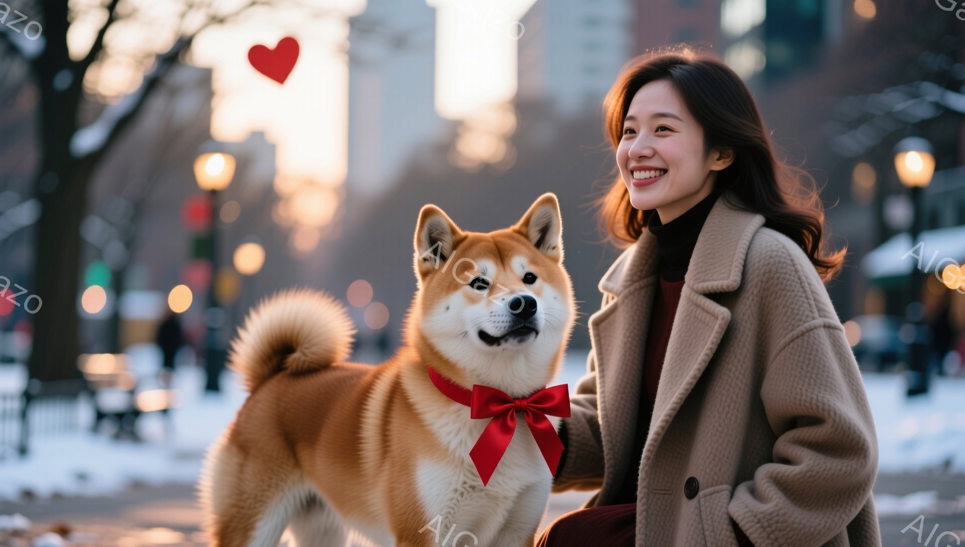 暖色系のコートを着た女性が、柴犬と一緒に雪景色の中を歩いている。女性は髪を軽くカールさせ、微笑みを浮かべており、柴犬には赤いリボンが巻かれている。背景にはぼやけた建物と街灯が見え、冬の穏やかな雰囲気が漂っている。