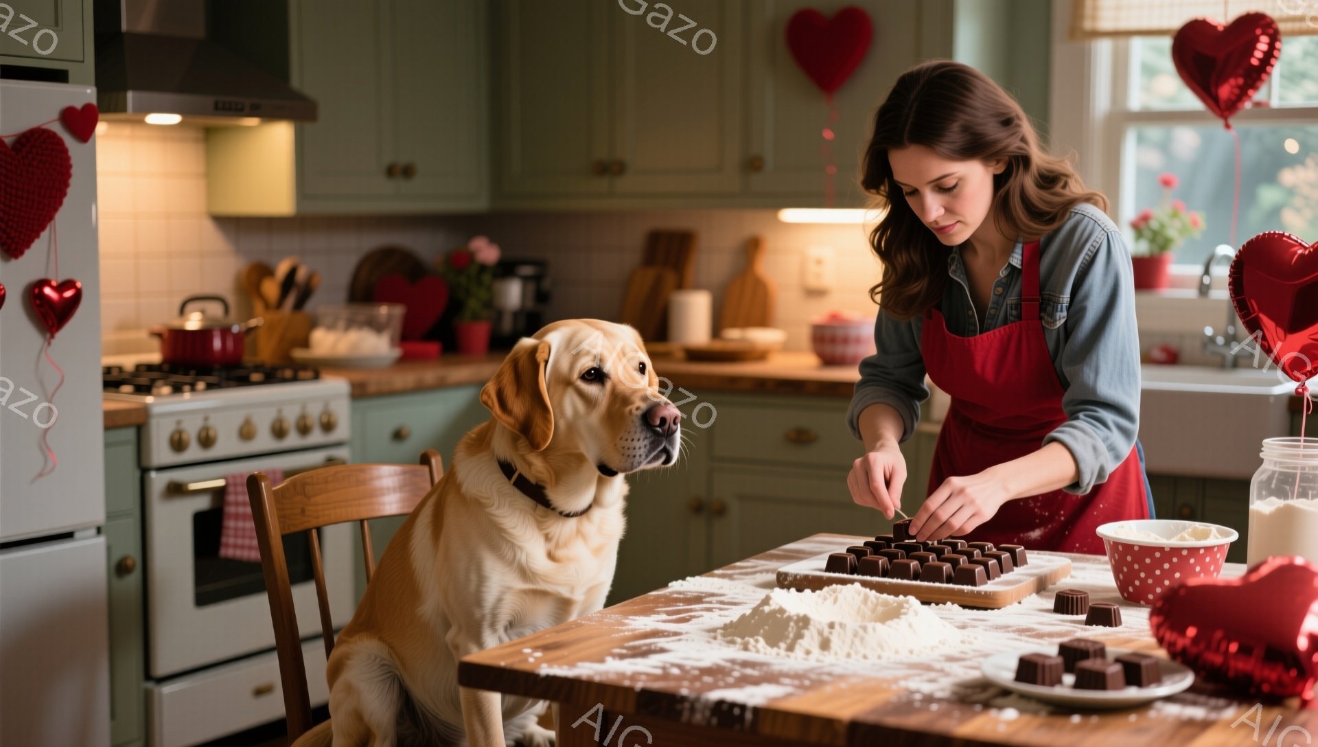明るいキッチンで、エプロンをつけた女性が小麦粉を敷いたテーブルでチョコレートの飾り付けをしている。彼女は肩までの茶色の髪をしており、真剣な表情で小さなチョコレートに何かを添えている。テーブルの横には、よだれを垂らしながら彼女を見つめるゴールデンレトリバーが座っており、背景には赤いハートのバルーンが飾られた暖かく家庭的な雰囲気のキッチンが広がっている。