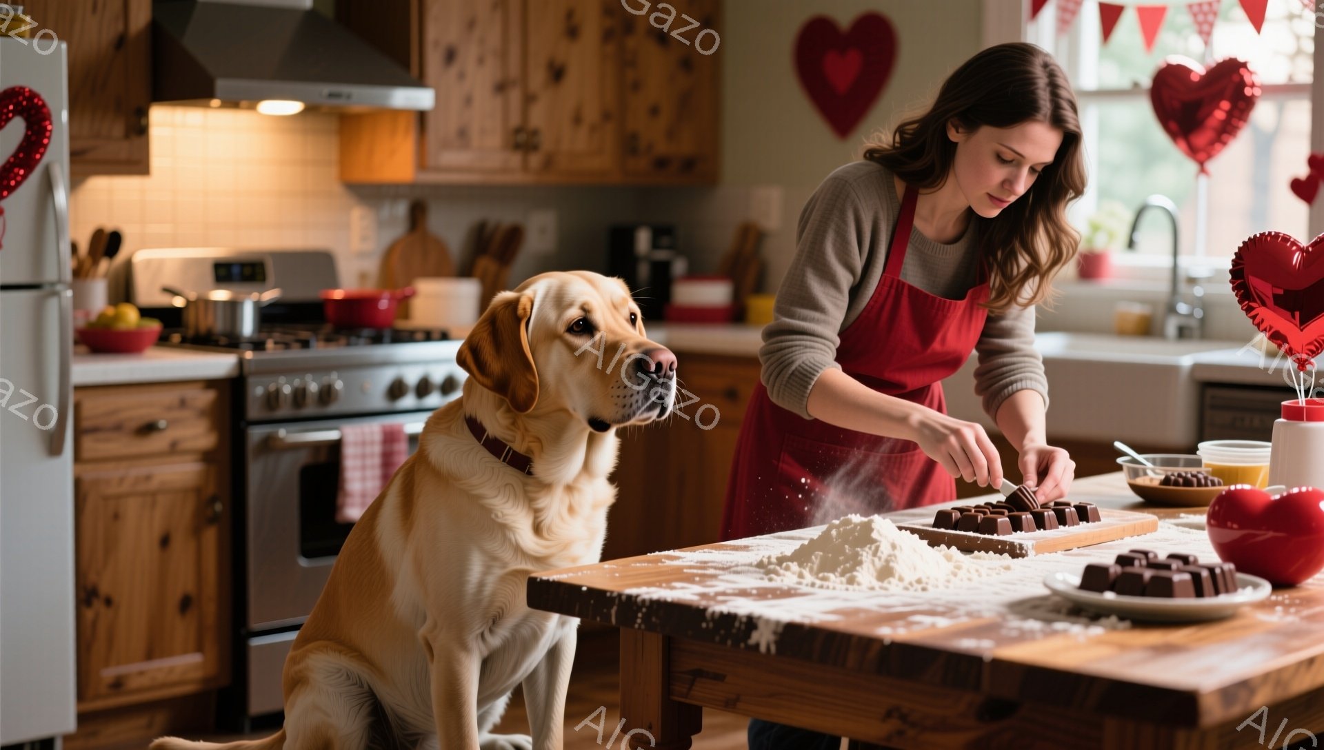 キッチンで女性が小麦粉を使って何かを作っています。彼女は茶色の長袖シャツと赤いエプロンを着ており、髪は後ろでまとめられています。黄金色のラブラドールが女性の隣に座り、興味深そうに彼女を見つめています。背景には、赤いハートの装飾と調理器具が並んだキッチンがあり、温かく幸せな雰囲気です。