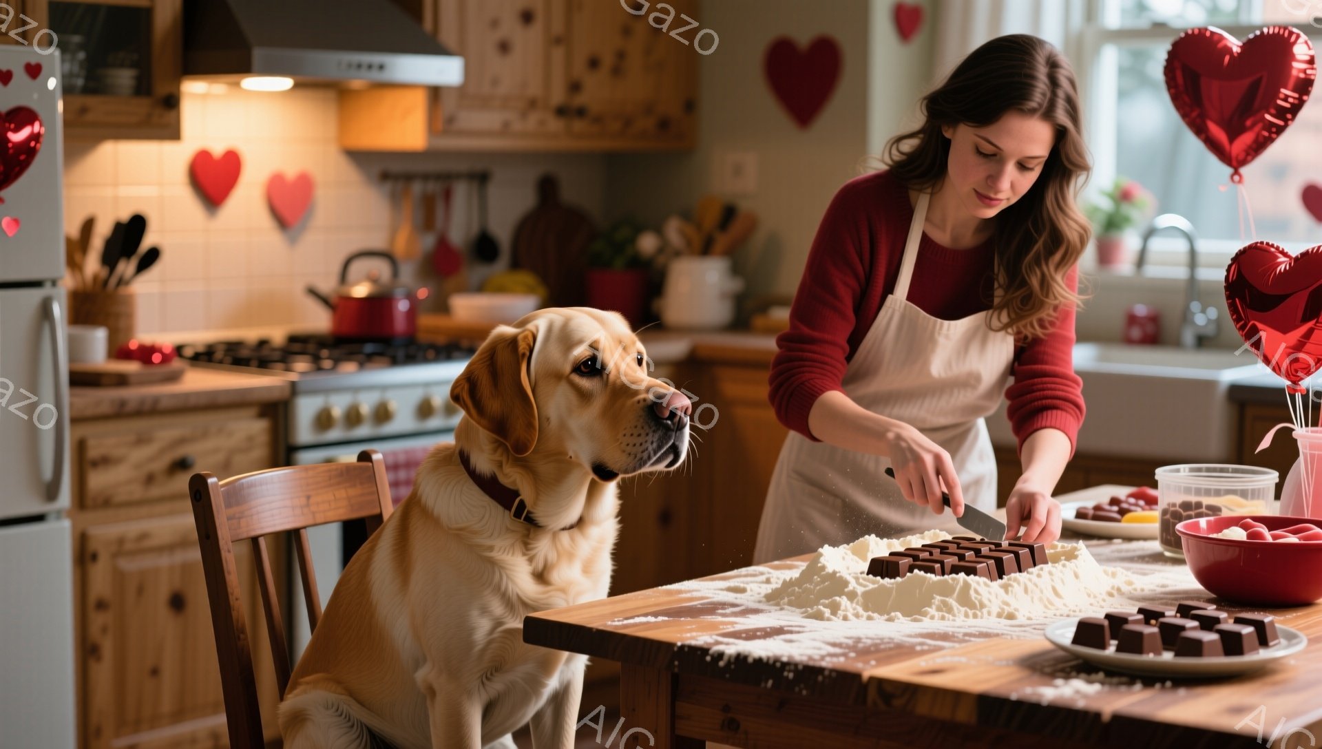明るいキッチンで、エプロンを着た女性がチョコレートをナイフで細かく刻んでいます。彼女は茶色の長い髪をしており、集中した表情で作業に取り組んでいます。背景には赤いハート型の飾り付けがあり、椅子に座ったゴールデンレトリバーが彼女を見つめており、暖かい家庭的な雰囲気が漂っています。