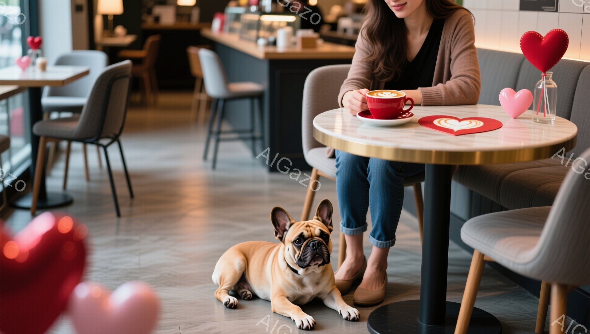 温かいセーターを着た女性が、カフェのテーブルで赤いカップに入った飲み物を楽しんでいます。彼女の足元には、可愛らしいブルドッグがリラックスして座っており、テーブルの上にはハート型の飾りと飲み物が置かれています。背景には、他のテーブルと椅子が見え、店内は明るく落ち着いた雰囲気です。
