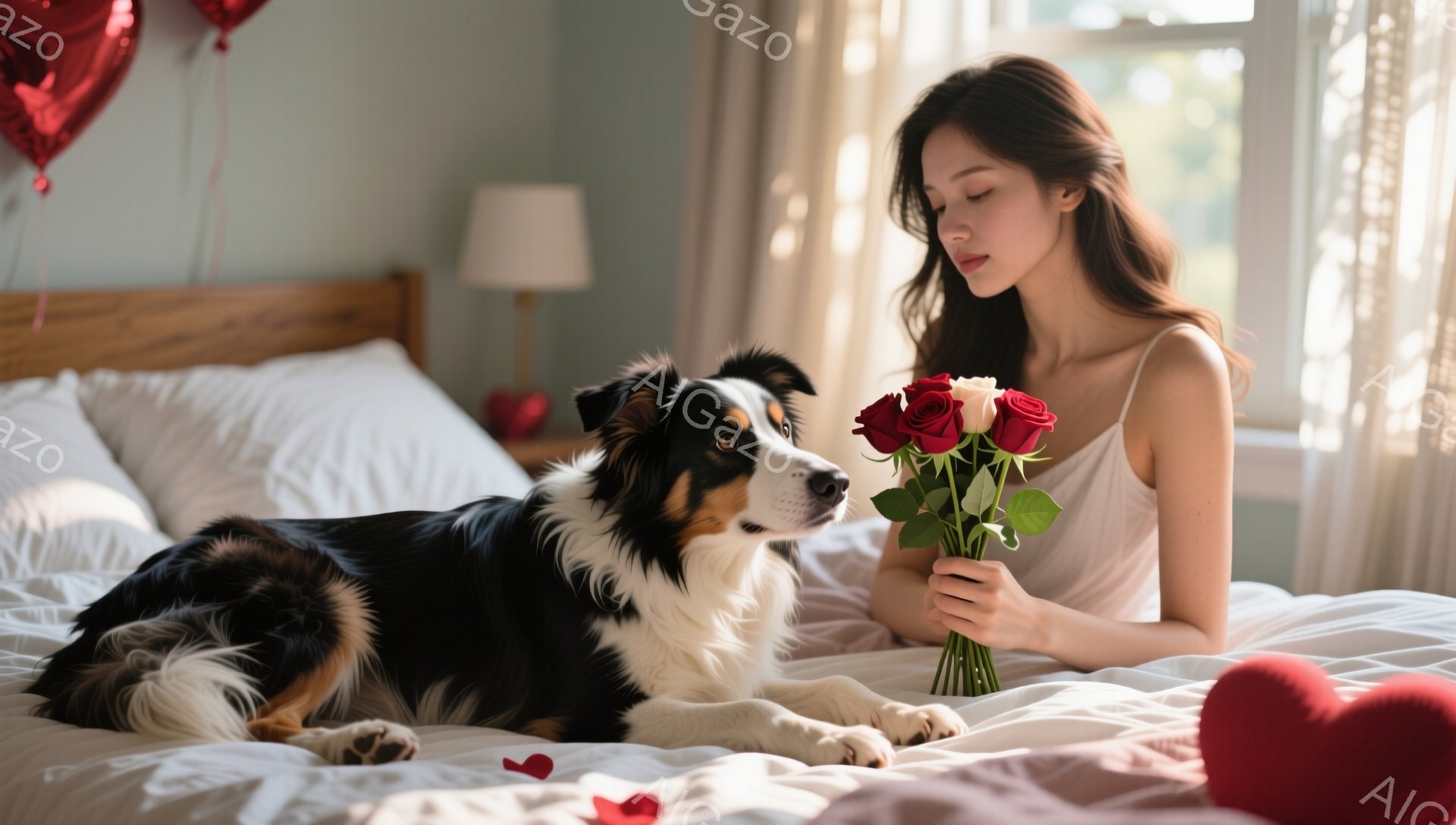 ベッドの上に、黒と白のボーダーコリーが横たわり、女性は赤いバラの花束を抱えています。女性は薄いピンク色のキャミソールを着ており、長い髪は自然に垂れ下がっています。背景には白いベッドリネン、薄暗い光、そ - AI生成フリー素材