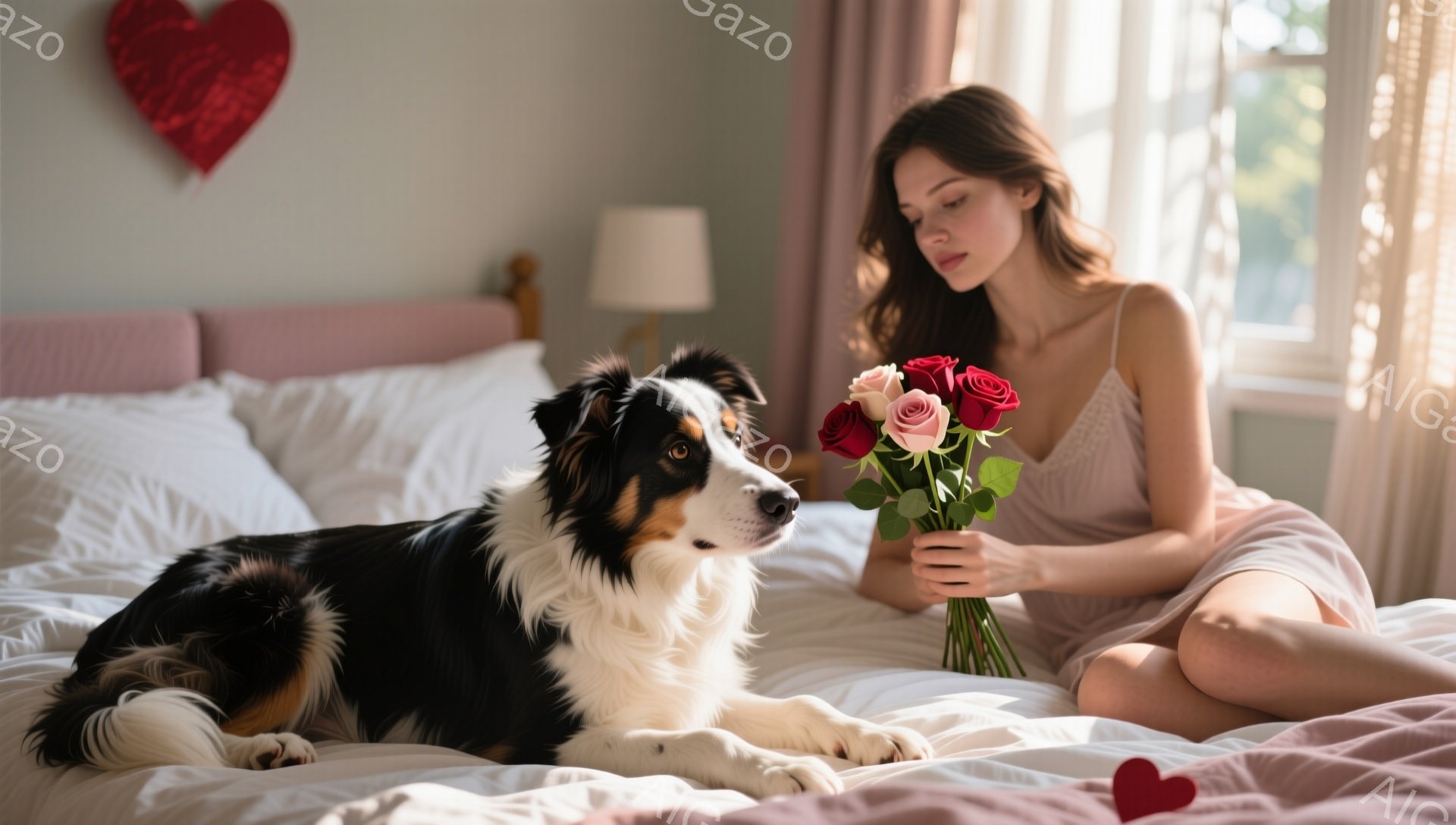 明るい部屋のベッドに、ブロンドのロングヘアを無造作に下ろした女性が座り、赤いバラの花束を手に持っています。彼女は少し憂いを帯びた表情でどこかを見つめており、隣には黒と白のボーダーコリーがリラックスして横たわっています。背景には薄いピンク色の壁と白いカーテン、そしてハート型の装飾が見え、全体的に穏やかでロマンチックな雰囲気を醸し出しています。