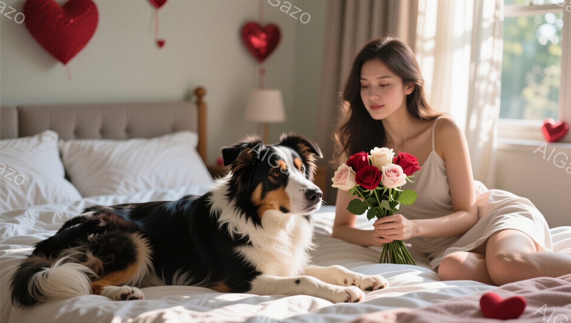 ベッドの上に座っている女性は、肩出しの白いドレスを着ており、長くゆるやかなウェーブヘアをしています。彼女は赤いバラの花束を抱え、優しい表情で何かを考えているようです。背景には、ハート型のバルーンが飾られ、明るい日差しが差し込む、暖かくロマンチックな雰囲気が漂っています。
