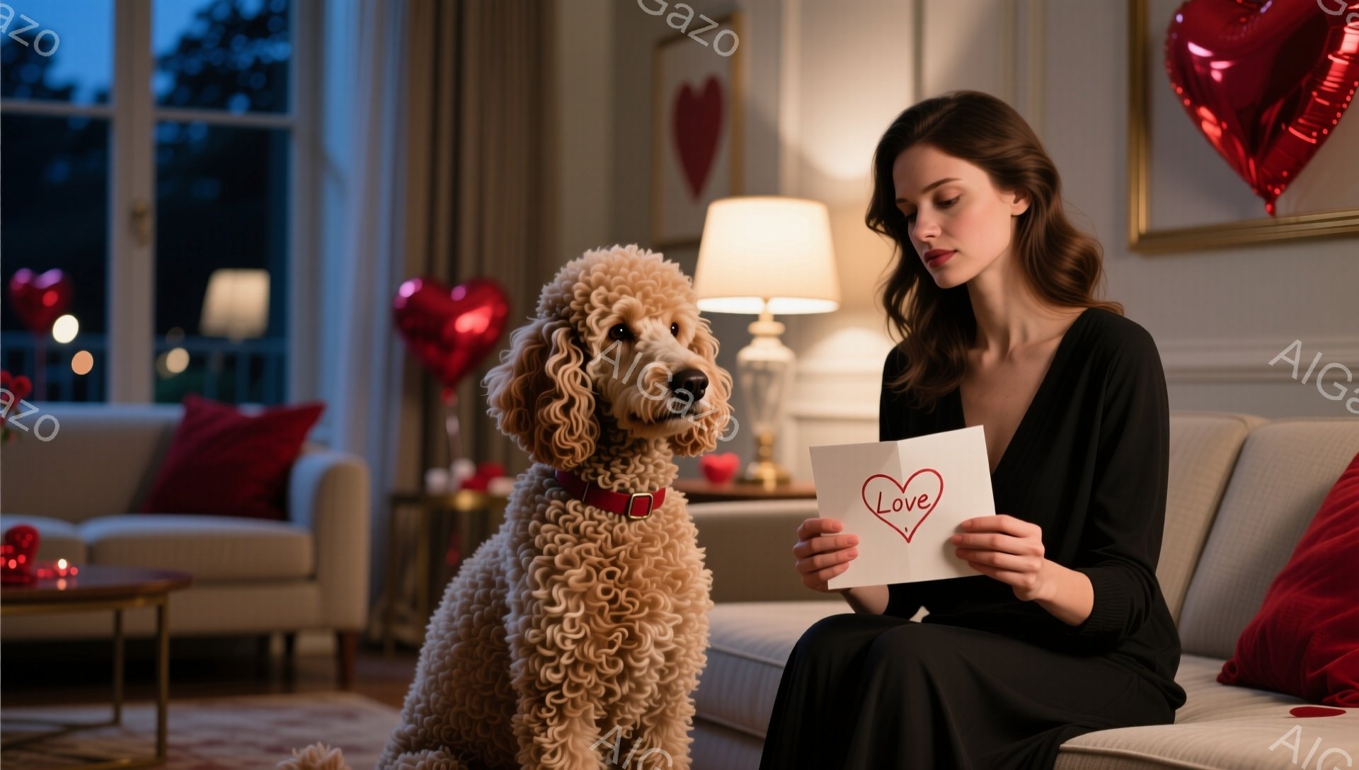 黒いドレスを着た女性が、ハートが描かれた紙を手に持っています。彼女は優雅に座り、少し微笑んで紙を見つめています。背景にはクリーム色のソファと犬がおり、赤いハートのバルーンが飾られた居心地の良いリビングルームの雰囲気です。