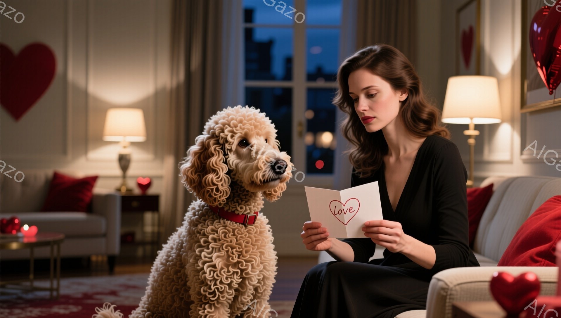 黒い長袖のドレスを着た女性がソファに座り、ハートの形をしたカードを読んでいます。彼女は髪を後ろにまとめ、少し微笑んだ表情をしています。背景には、赤いハート型の装飾や照明器具があり、暖かくロマンチックな雰囲気です。