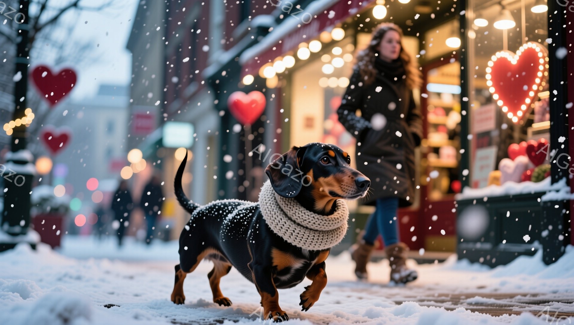 雪が降る街並みの中、ダックスフンドが歩いている。黒い毛並みに白いマフラーを巻き、前足を大きく出して力強く歩を進めている。背景には、クリスマスのような装飾が施された店がぼやけ、暖かい光が灯っており、冬の穏やかな雰囲気を醸し出している。