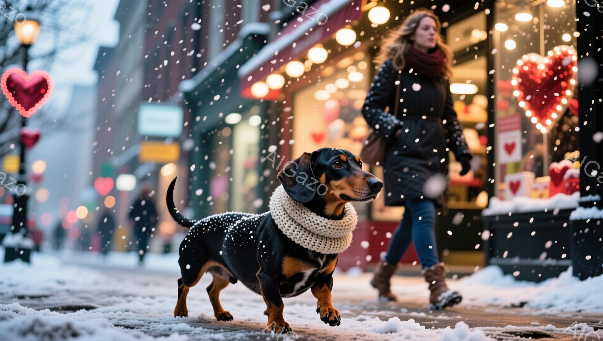 黒いダックスフンドが白いマフラーを巻いて雪の中を歩いている。背景には、クリスマスのような飾り付けがされた店があり、女性がぼんやりと歩いているのが見える。雪が舞い、冬の暖かく穏やかな雰囲気を醸し出している。