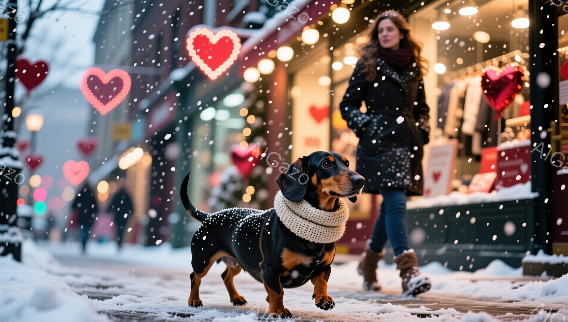 雪が降る街中で、ダックスフンドがカメラに向かって歩いてくる。犬は白いネックウォーマーをつけており、雪が少し付着している。背景には、クリスマス飾りが輝き、女性がぼやけて歩いているのが見える、冬の暖かい雰囲気の写真だ。