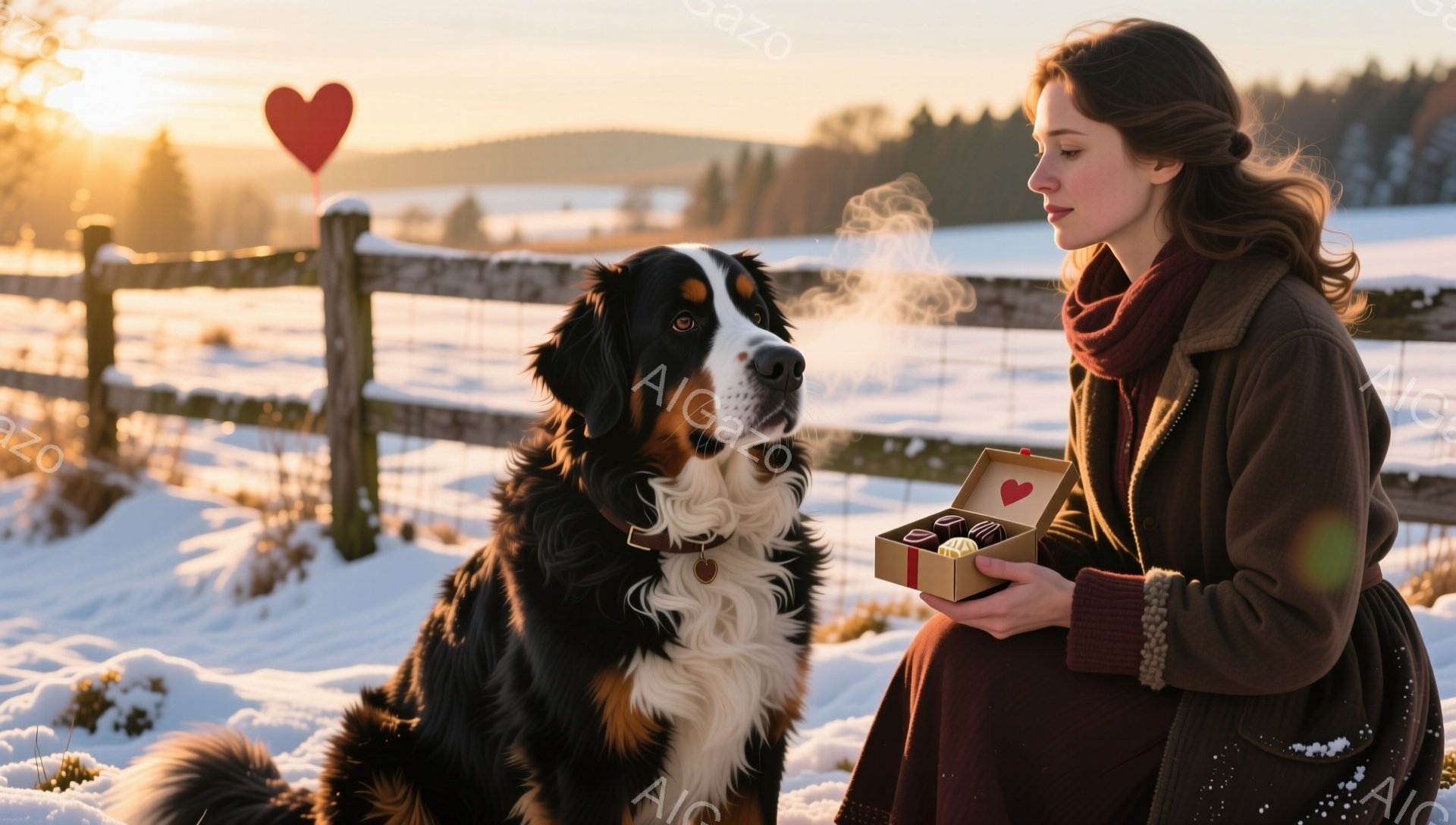 長い髪をゆるく巻いた女性が、赤いスカーフを首に巻き、茶色のジャケットと赤いスカートを着ています。彼女は手にチョコレートが入った箱を持って、座っているバーニーズ・マウンテン・ドッグにチョコレートを差し出そうとしています。背景には雪に覆われた牧草地とフェンス、そして夕焼けのような暖かい光が広がっており、優しい冬の雰囲気を醸し出しています。