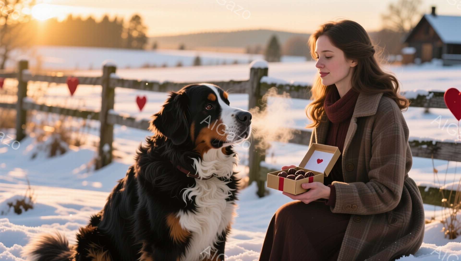 雪景色の中に、ベニヤルドッグと女性が写っています。女性は赤いスカーフと茶色のコートを着て、長い髪をなでつけています。彼女は膝を曲げ、開いた小さなギフトボックスを犬に見せようとしており、温かく優しい雰囲気が漂っています。
