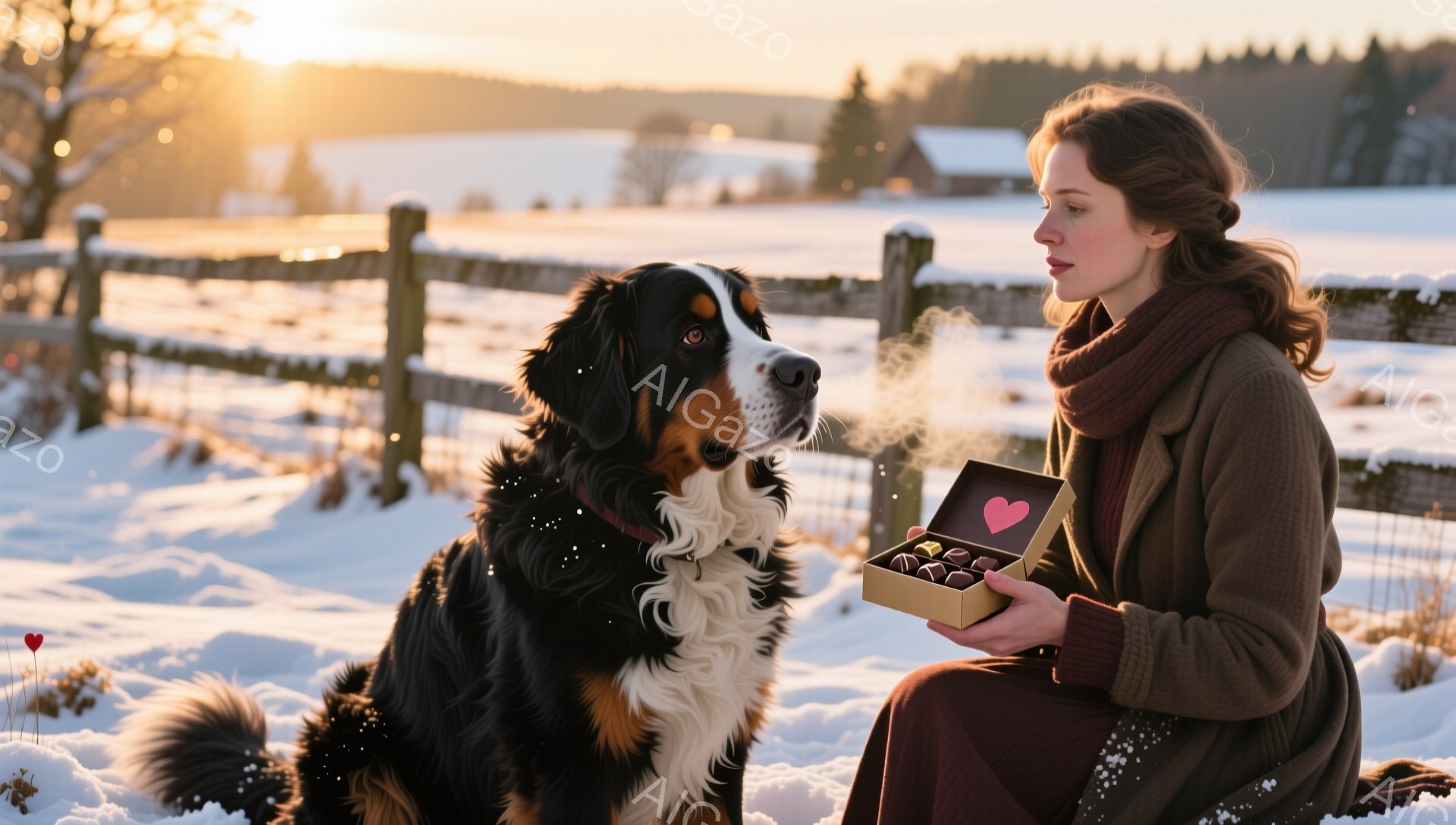 雪景色の中に、茶色のコートと赤いマフラーを巻いた女性が、座ってチョコレートの箱を見つめています。彼女の隣には、ベルン山犬が座っており、息が白く見えます。遠景には、雪に覆われた農場や建物、そして夕焼けのような柔らかな光が広がっており、穏やかで暖かい雰囲気が漂っています。