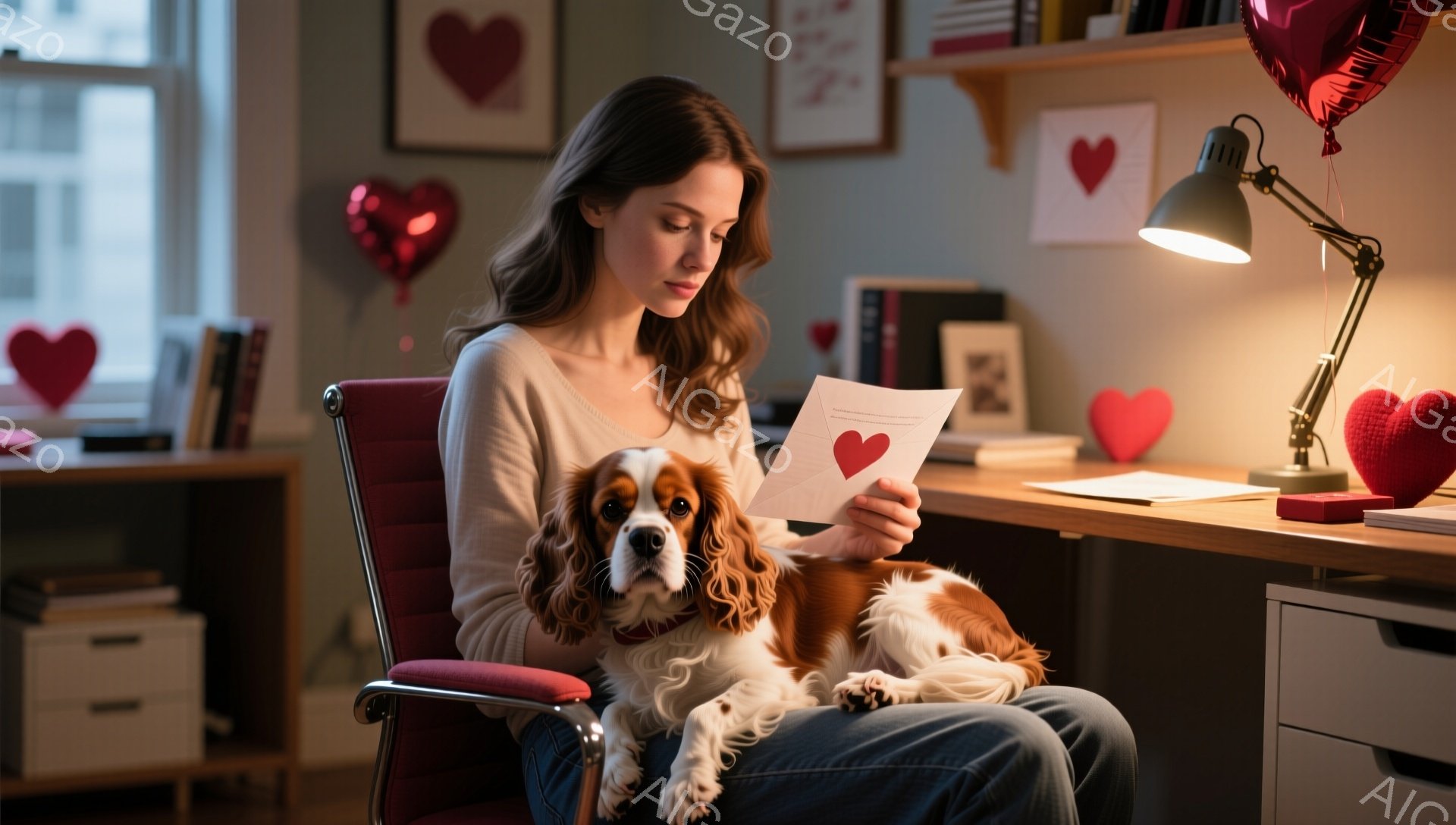 長い茶髪の女性が椅子に座り、手紙を読んでいます。彼女は白いセーターとジーンズを着ており、表情は穏やかで集中しています。背景には本棚、ランプ、赤いハート型の装飾が映り、犬が彼女の膝の上でリラックスしており、全体的に温かく心地よい雰囲気です。