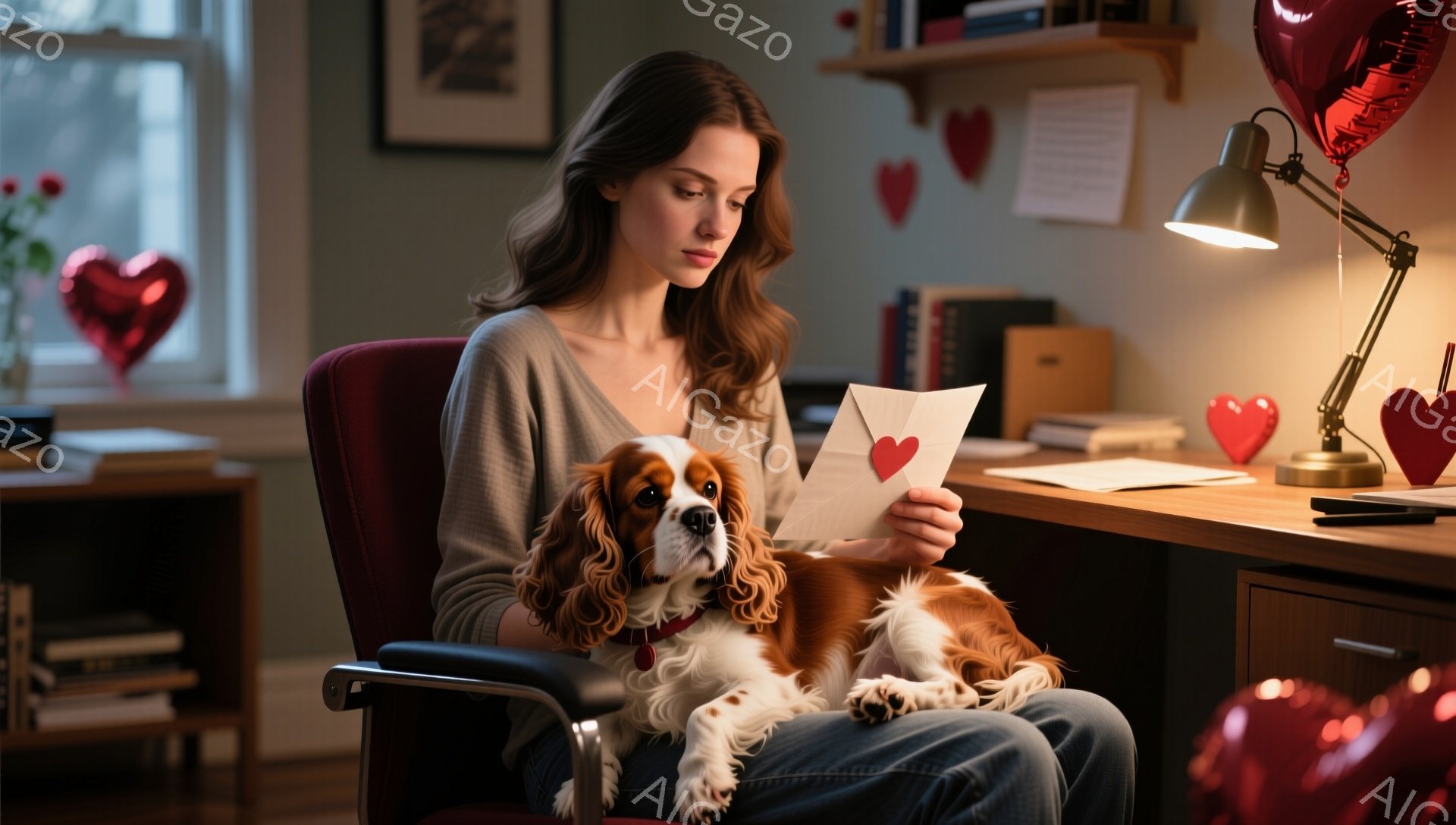 長い茶色の髪の女性が椅子に座り、手紙を読んでいます。彼女はグレーのセーターとジーンズを着ており、少し物憂げな表情をしています。背景には本棚やランプがあり、ハート型の装飾が散りばめられており、愛らしいキャバリアキングチャールズスパニエルが彼女の膝に座っています。