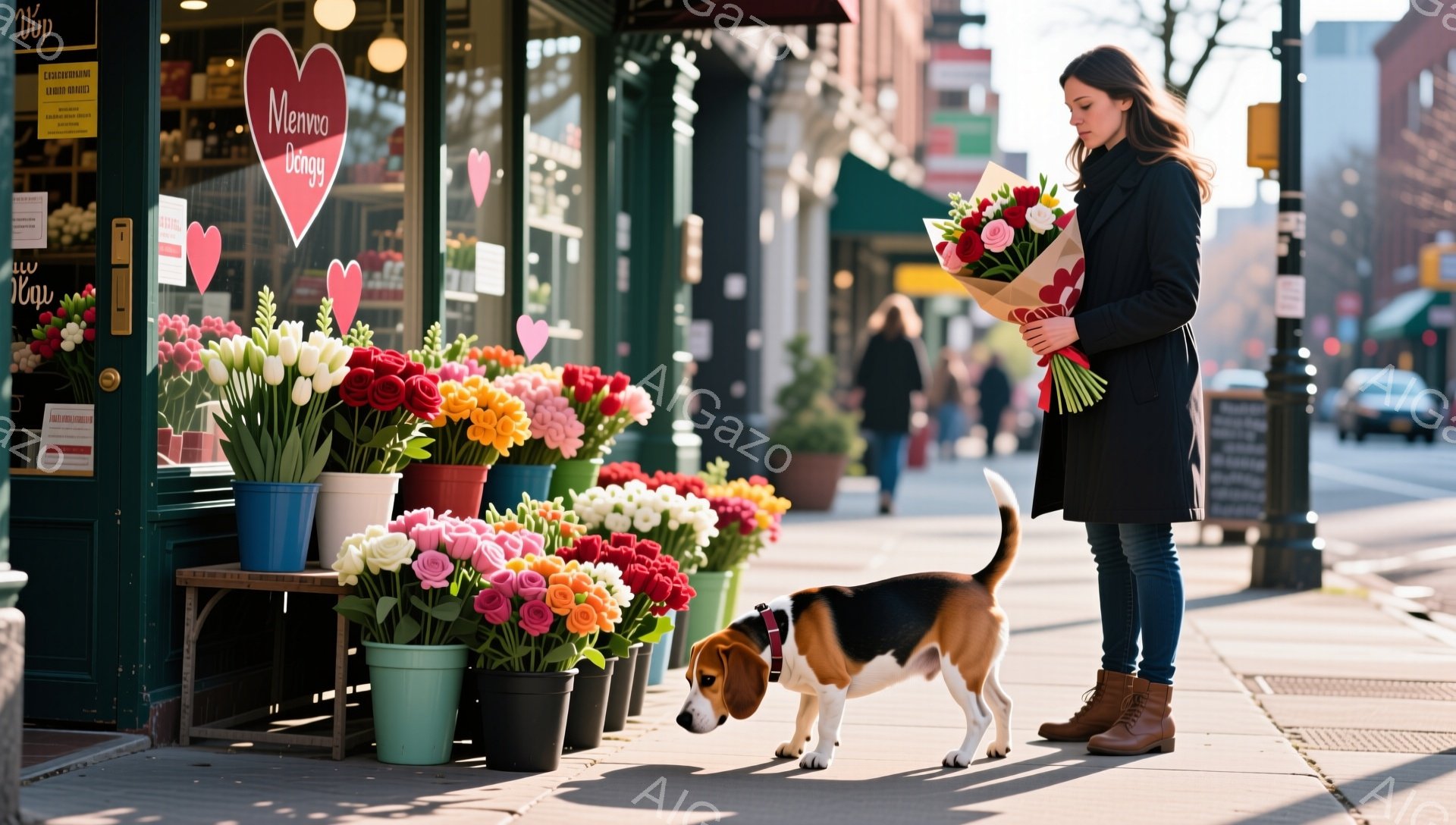 長い茶髪を肩にかける女性が、花束を抱きしめて立っている。ビーグル犬が彼女の足元を嗅ぎ、通りの花屋の前に並んだ色とりどりのチューリップが目に付く。背景には建物や木々が見え、晴天の下で暖かく明るい雰囲気の街並みが広がっている。