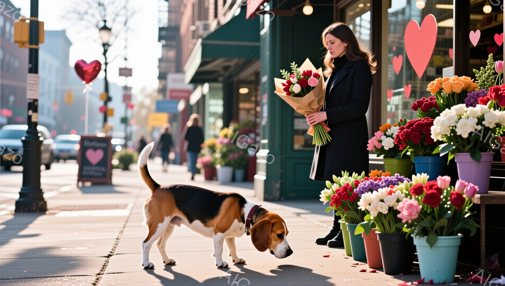 女性は黒いコートを着て、赤いチューリップの束を抱えています。彼女は少し微笑んでいて、横にはビーグル犬が鼻を地面に近づけて何かを嗅いでいます。背景には花屋があり、カラフルなチューリップが並び、通りにはバレンタインデーの飾り付けがされています。