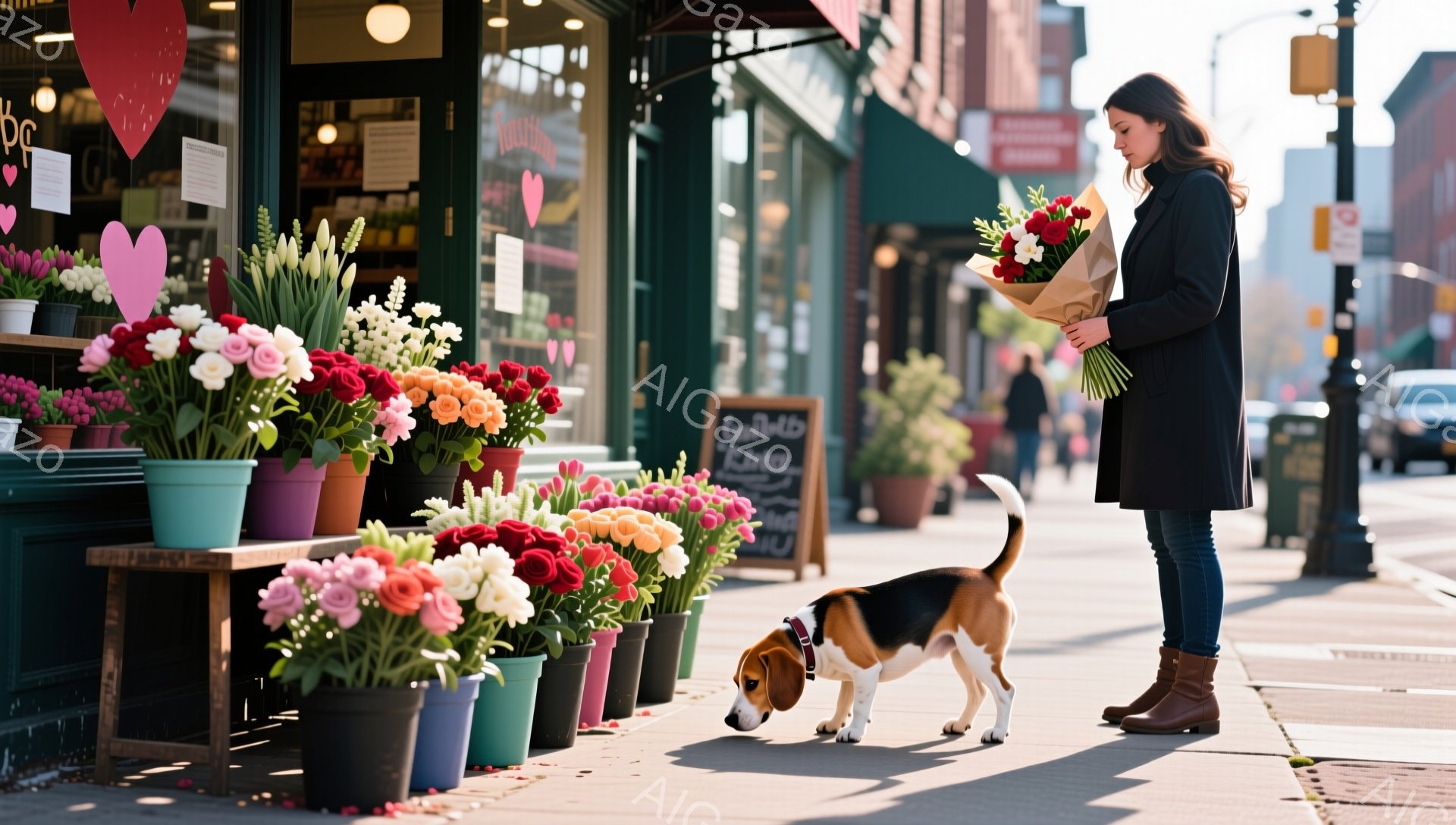花屋の前に立つ女性は、深い色のコートと茶色のブーツを身につけ、花束を抱えています。彼女は少しうつむき、まるで何か考えているかのような姿勢です。背景には、カラフルな花が並んだ花屋、歩道、そして遠くに見える建物があり、晴れた日の穏やかな雰囲気が漂っています。