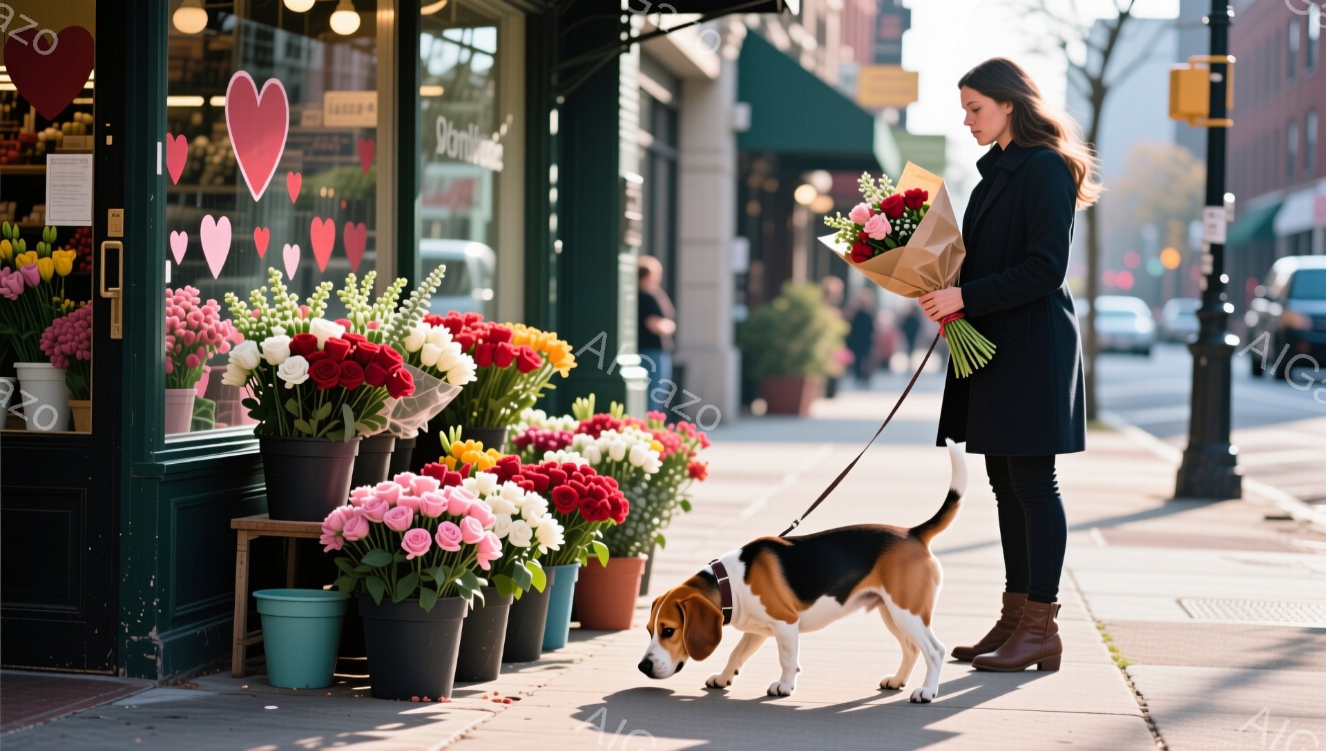 女性は黒いコートとブーツを身に着け、髪は肩にかかる長さで、少しうつむき加減になっています。彼女は花束を持っており、ビーグル犬はリードにつながれて地面の匂いを嗅いでいます。背景には花屋があり、バラやチューリップなど色とりどりの花が並べられています。