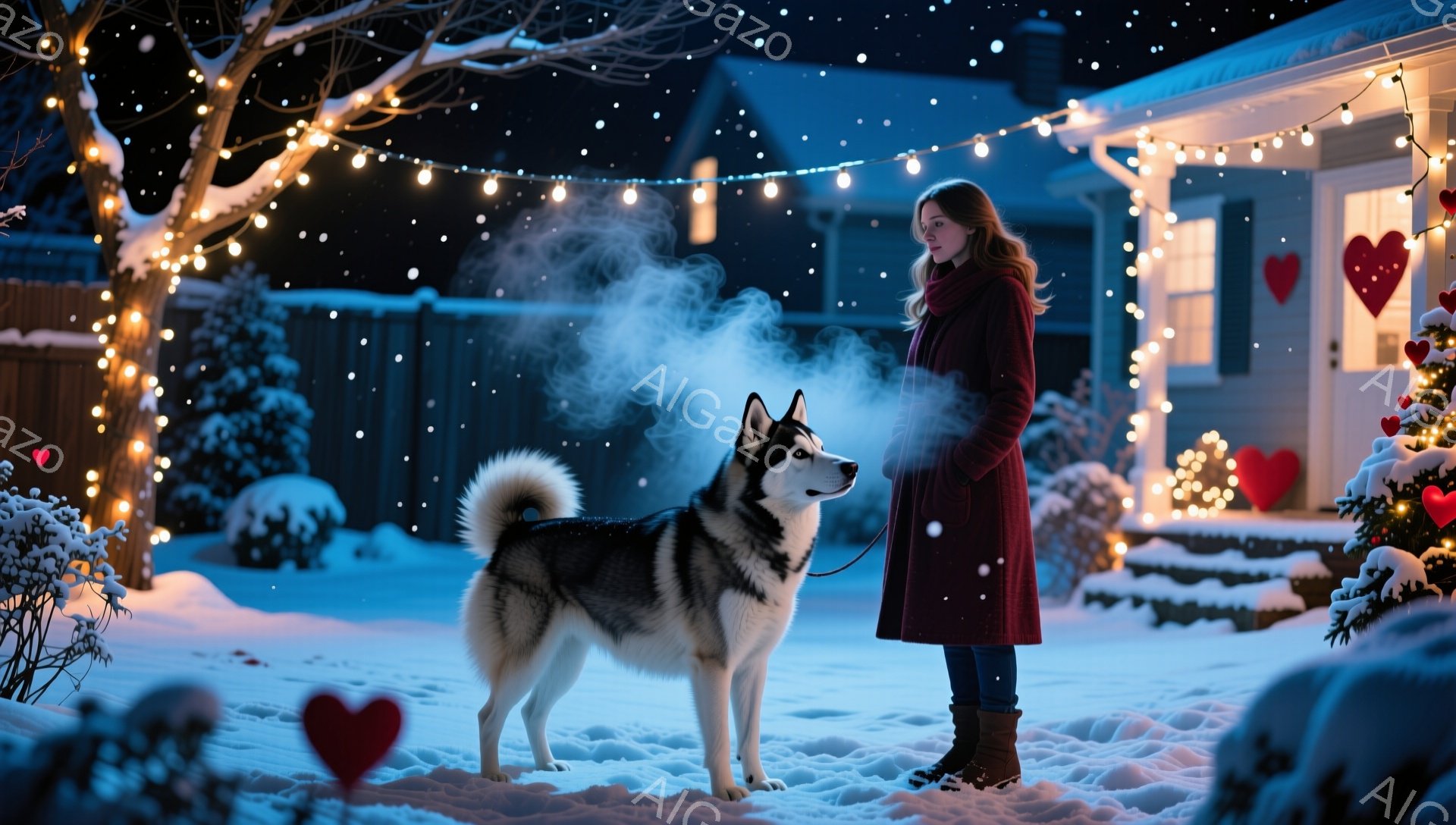 雪が降り積もる夜、赤いコートを着た女性がシベリアンハスキーと庭に立っている。女性は肩までの茶髪で、少し微笑んでいるように見える。背景にはクリスマスツリーやイルミネーションが飾られた家があり、暖かく幻想的な雰囲気を醸し出している。