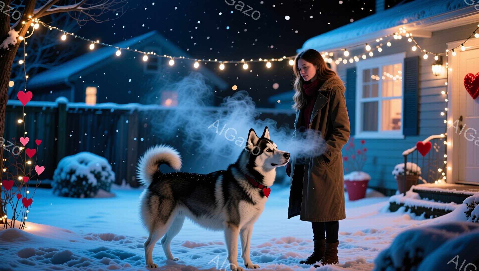 雪が降る夜、女性がシベリアンハスキーと庭に立っている。女性はロングコートに黒いブーツを履き、髪は肩まで伸びている。ハスキーは赤い首輪をつけ、息が白く、背景には電飾で飾られた家と雪で覆われた庭がある。