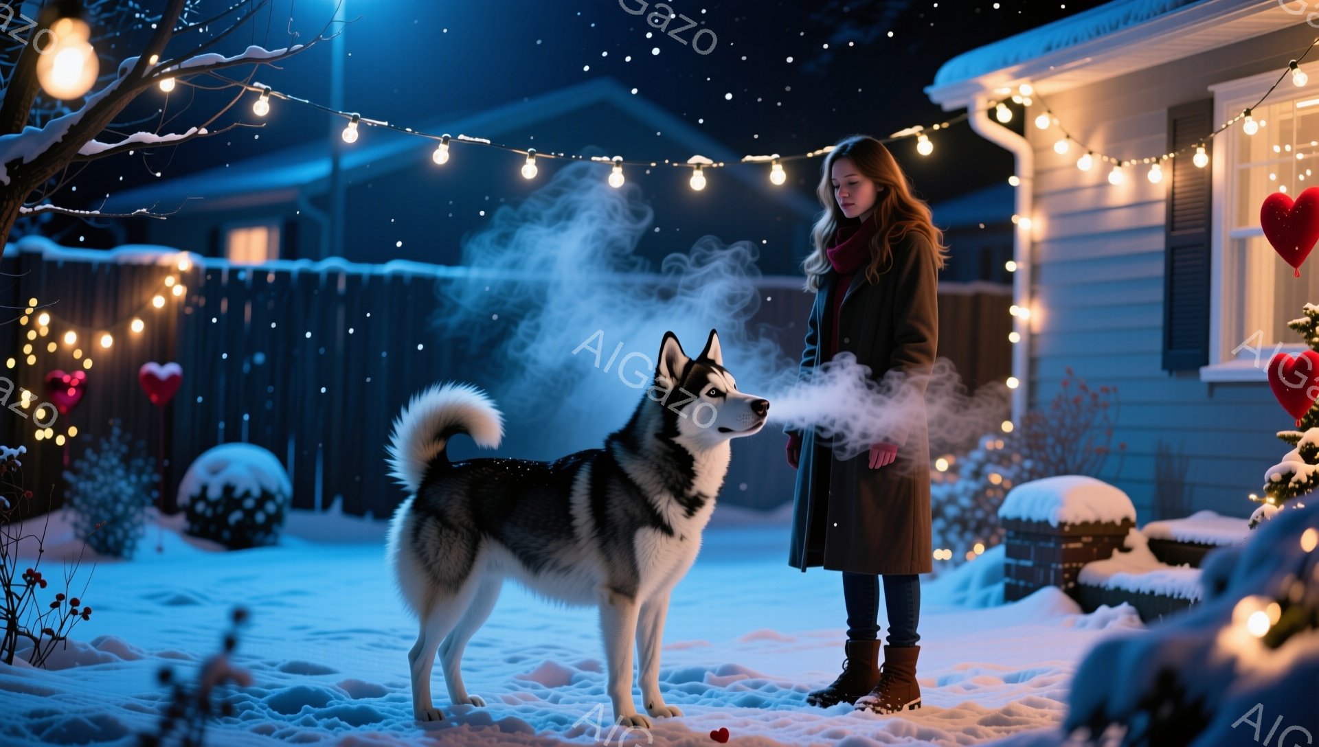 雪が降り積もる夜、女性がシベリアンハスキーの傍らに立っている。彼女はロングコートに黒いブーツを履き、長い髪を肩から垂らしている。ハスキーは鼻から白い息を吐き出し、その姿は冬の静けさの中で温かく、穏やかな雰囲気を醸し出している。