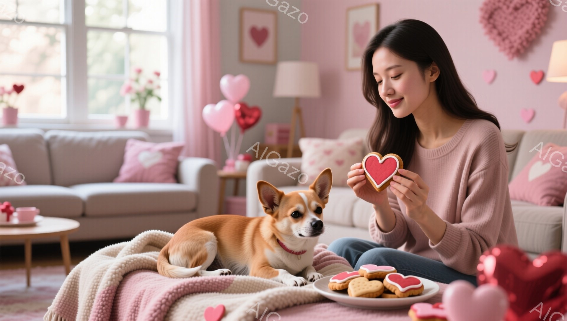 長い黒髪をなびかせた女性が、ハート型のクッキーを手に微笑んでいます。彼女はベージュ色のセーターを着て、毛布に座り、隣には茶色の短い足の犬が横たわっています。背景には、ピンクと白の風船やハート型の装飾が - AI生成フリー素材