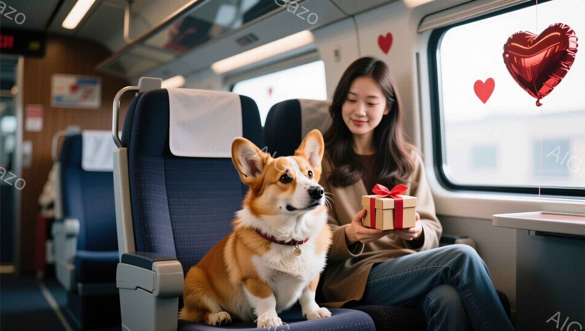 茶色のコルギ犬が、青い座席に座ってカメラ目線でこちらを見ています。女性はベージュ色のコートを着ており、髪は肩まで伸びています。彼女はプレゼントボックスを持っており、犬と幸せそうに触れ合っています。