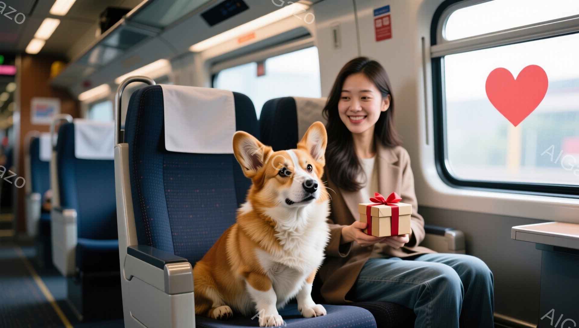 若い女性が列車の座席に座り、コーギー犬と向かい合っています。彼女はベージュ色のジャケットとジーンズを着ており、髪は後ろで緩くまとめられています。彼女は微笑んでおり、リボンで結ばれた小さなプレゼントボックスを両手で持っています。