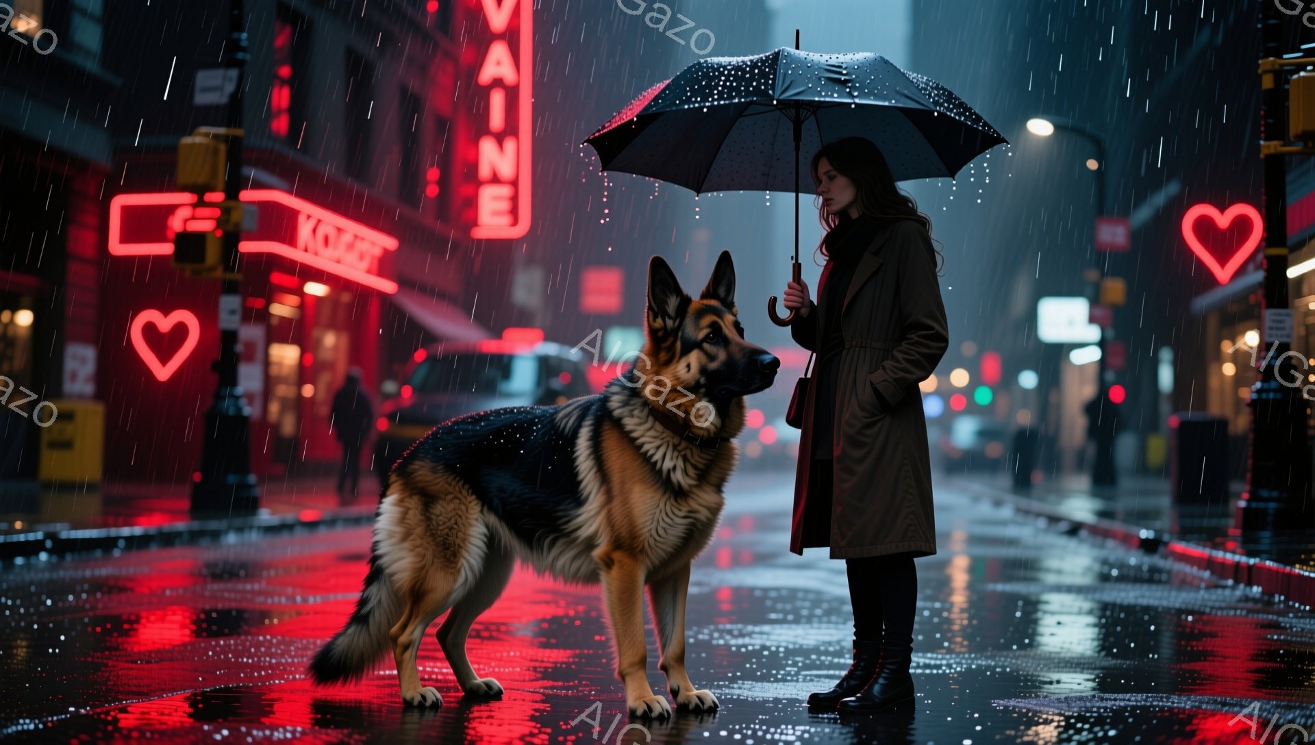 長い茶色のコートを着た女性が、雨の中傘をさして立っている。彼女は黒髪で、顔ははっきりと見えないが、どこか憂いを帯びた表情をしているように見える。背景には赤いネオンサインが輝く夜の街並みが広がり、地面は雨で濡れて光っている。