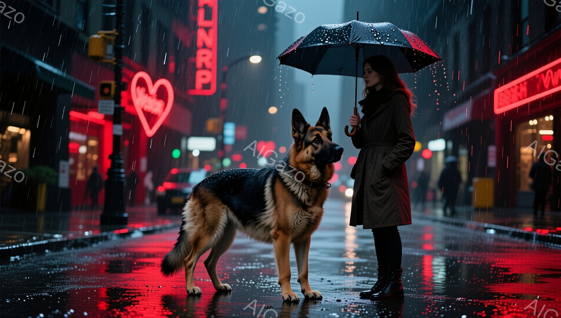 雨が降る夜の街並みを、黒いコートを着た女性とジャーマンシェパードが立っている。女性は長い髪を後ろでまとめ、傘を差して少し下を見ている。背景には赤色のネオンサインが光り、雨に濡れた道路が光を反射し、憂鬱で都会的な雰囲気を醸し出している。