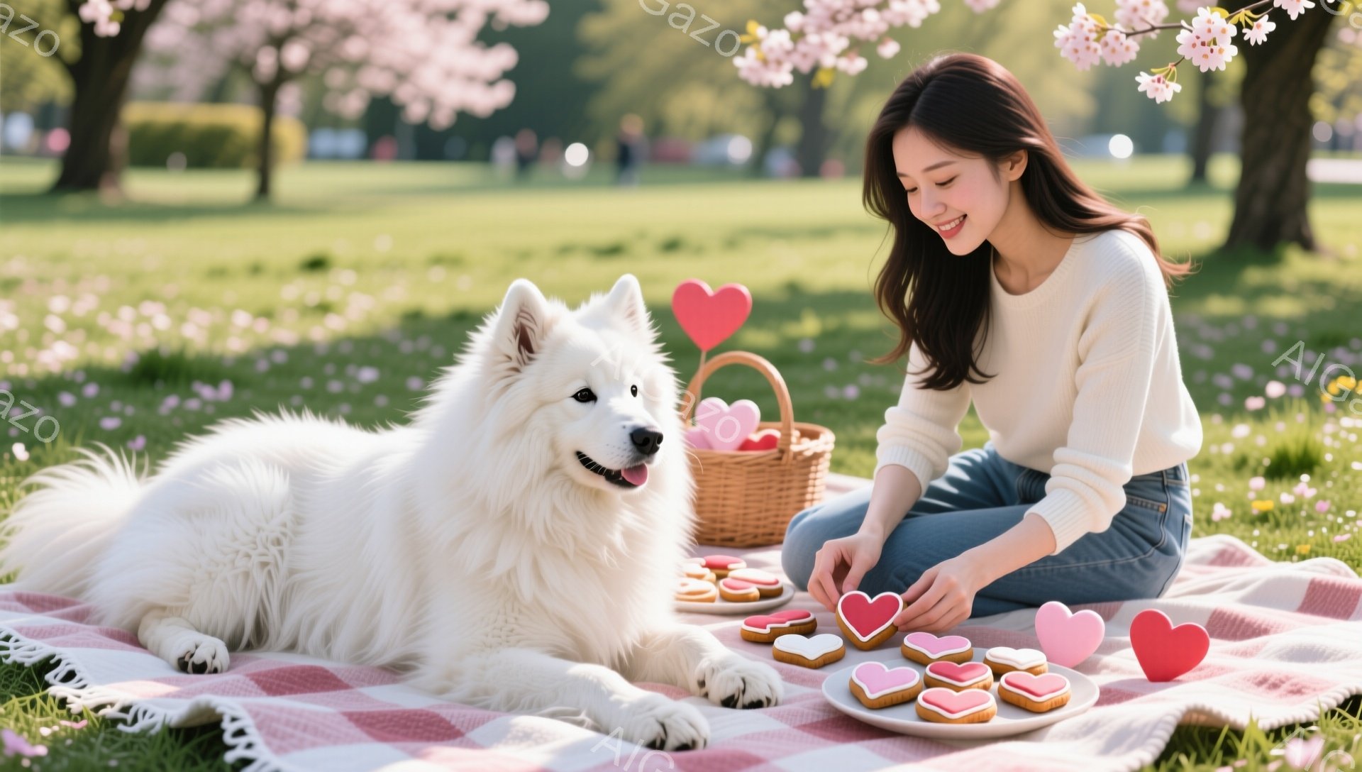 白い毛並みのシェパード犬が、赤と白のチェック柄の敷物の上で横たわっています。若い女性は膝を曲げて座り、ピンク色のセーターを着て、クッキーの入った皿からハート型のアイシングクッキーを選んでいます。背景には、桜の木々が咲き誇り、春の暖かく穏やかな雰囲気を感じさせます。
