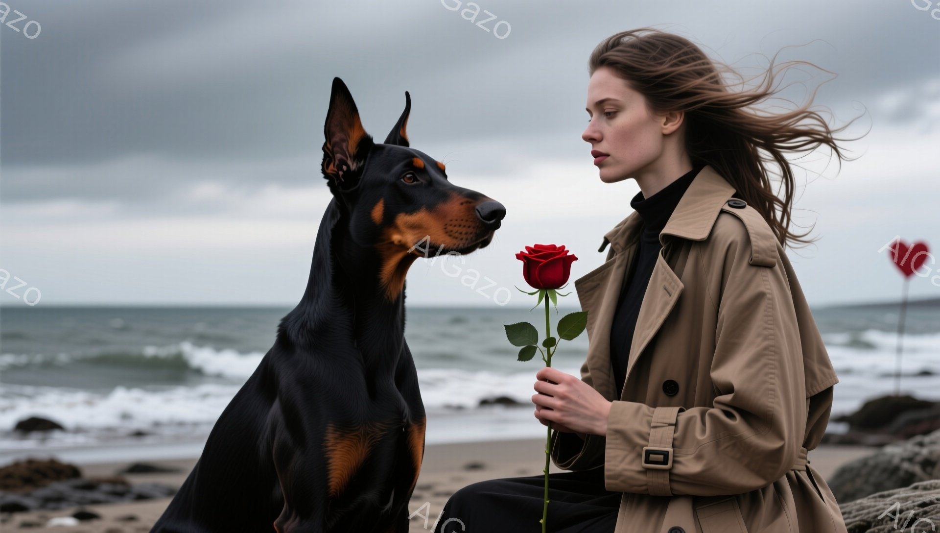 長髪の女性がベージュのトレンチコートを羽織り、黒いズボンを着用して砂浜に膝をついています。彼女は赤いバラを手に持ち、強い風に髪がなびいています。背景には荒れた海と灰色がかった空が広がり、遠くには赤いハート型のオブジェが見え、憂いを帯びた雰囲気です。