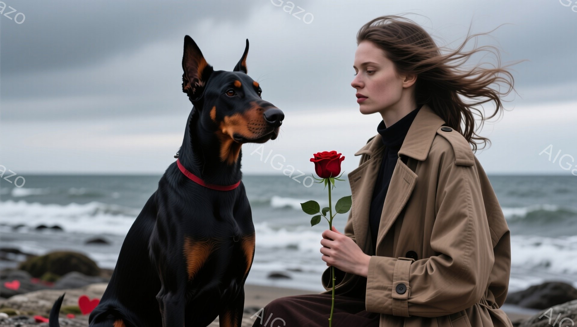 長い茶色の髪が風に吹かれ、黒いタートルネックとベージュのコートを着た女性が赤いバラを手に膝を抱えて座っています。彼女の隣には、赤い首輪をつけたブラック＆タンのドーベルマンが座り、女性を見つめています。背景は荒れた海辺で、波が打ち寄せ、赤いハート型のオブジェクトが点在しており、全体的に憂鬱でロマンチックな雰囲気が漂っています。