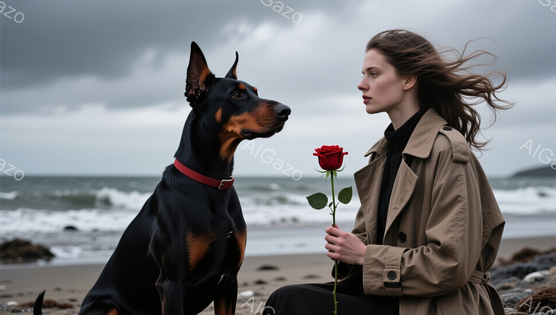 砂浜に、黒いドーベルマンと女性が並んで座っています。女性はトレンチコートを着て、髪は風になびいており、表情はどこか憂いを帯びています。背景は荒れた海と曇り空で、全体的に寂しげでドラマチックな雰囲気が漂っています。