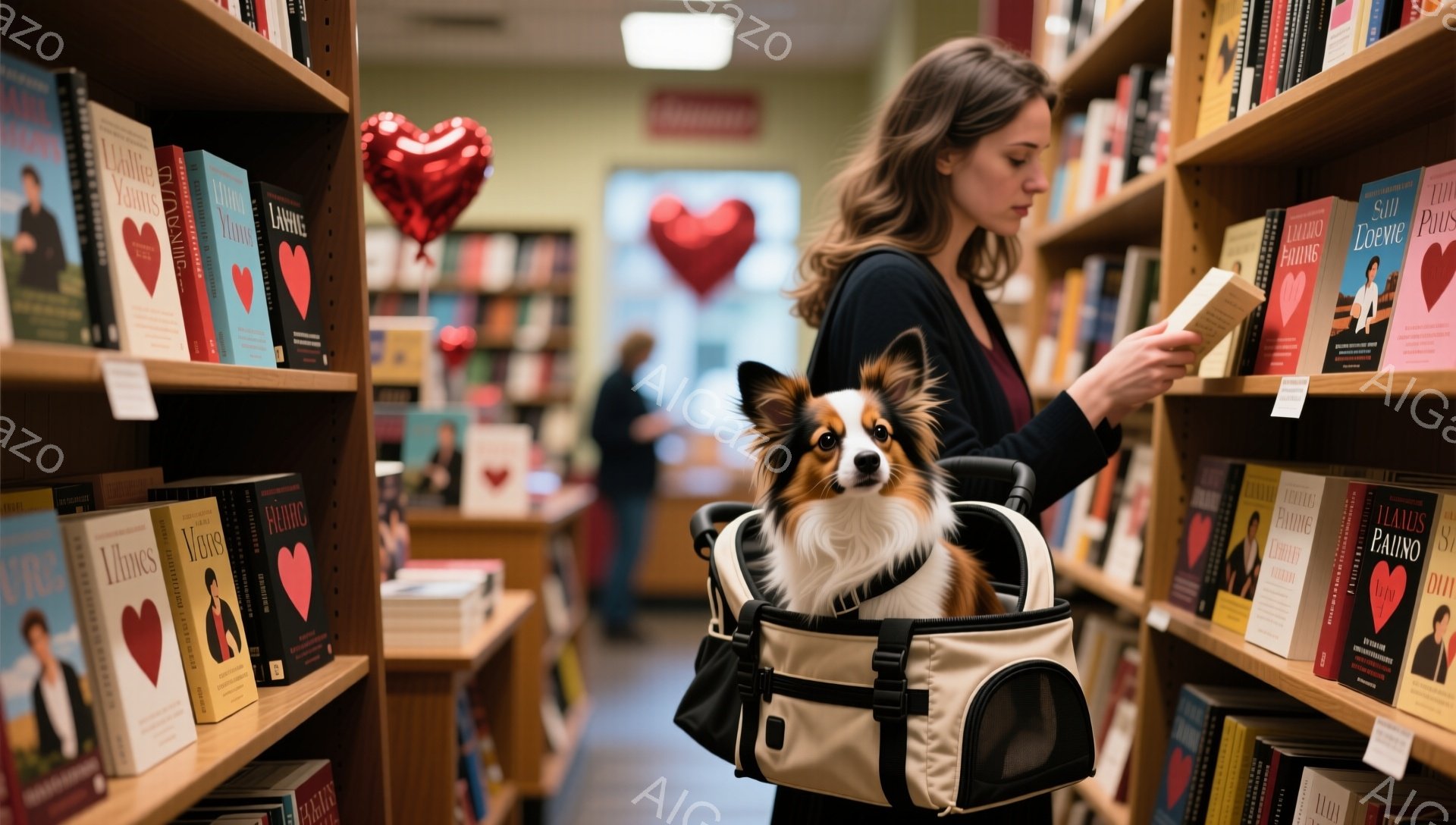 本屋で女性が本を選んでいます。彼女はダークカラーのトップスを着ており、長い髪は後ろで結ばれています。キャリーバッグに入れられたチワワが彼女の前に座っており、好奇心旺盛な表情で周囲を見渡しています。