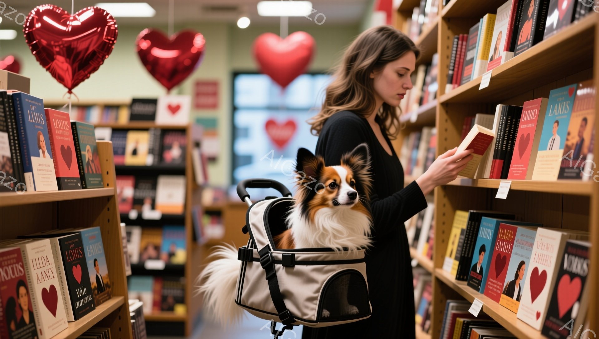 本屋の一角で、茶色の髪を肩まで伸ばした女性が本棚から本を選んでいます。彼女は黒い服を着ており、ショッピングカートには可愛らしい茶色のシェットランドシープドッグが座っています。背景には赤いハートの飾り付けがあり、暖かく、読書好きな雰囲気が漂っています。