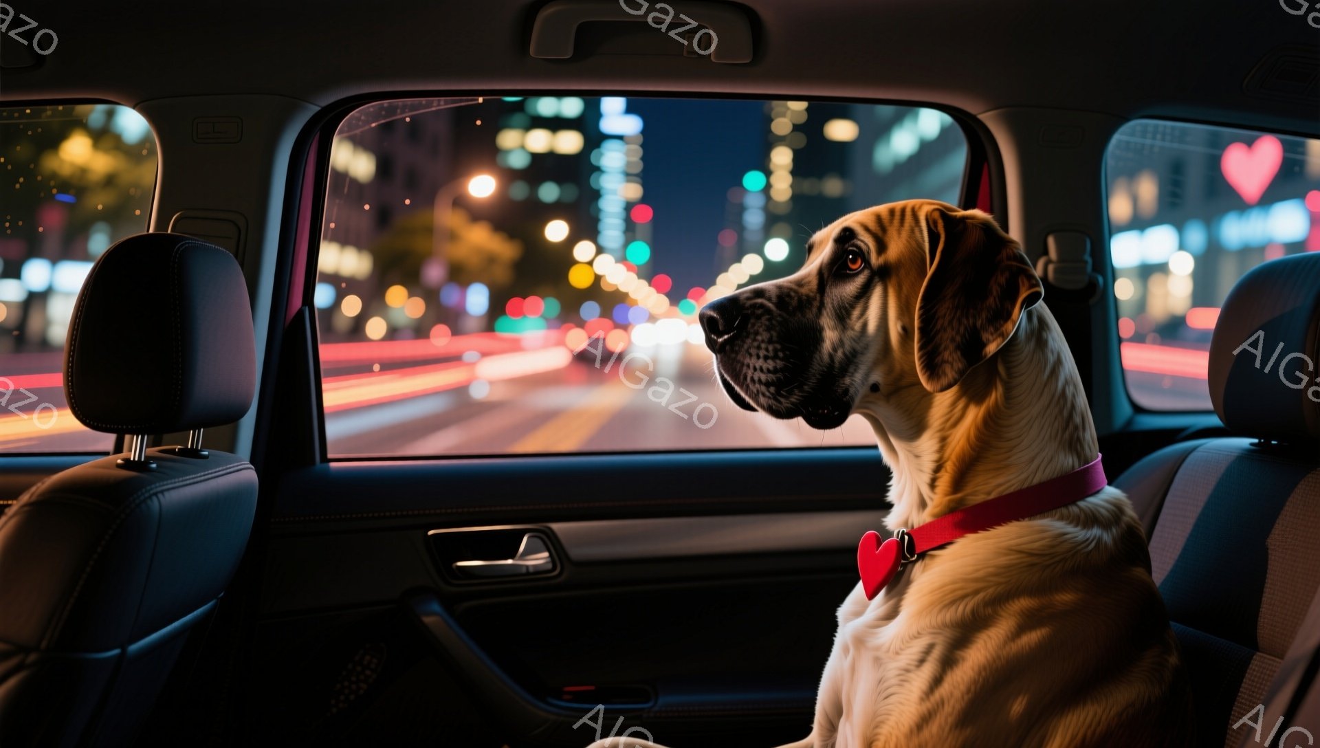 車のバックシートに座っているのは、明るい茶色の毛並みを持つ大型犬です。赤い首輪にはハート型のチャームがついており、窓の外の夜の街の光を眺めています。背景には、車のライトが流れるように見える夜景が広がり、温かみのある光が犬の姿を照らしています。