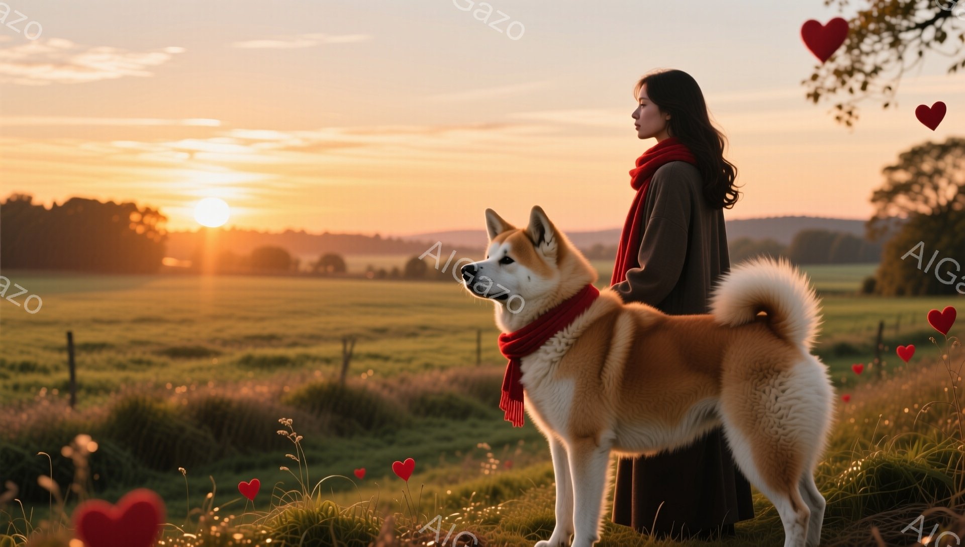 長い黒髪を後ろで束ねた女性が、茶色のコートと赤いスカーフを身につけ、秋の草原に立っている。隣には、同じように赤色のスカーフを巻いた秋田犬がおり、共に夕焼けを眺めているように見える。背景には緑の牧草地が広がり、遠くには木々が見え、暖かく穏やかな雰囲気が漂っている。