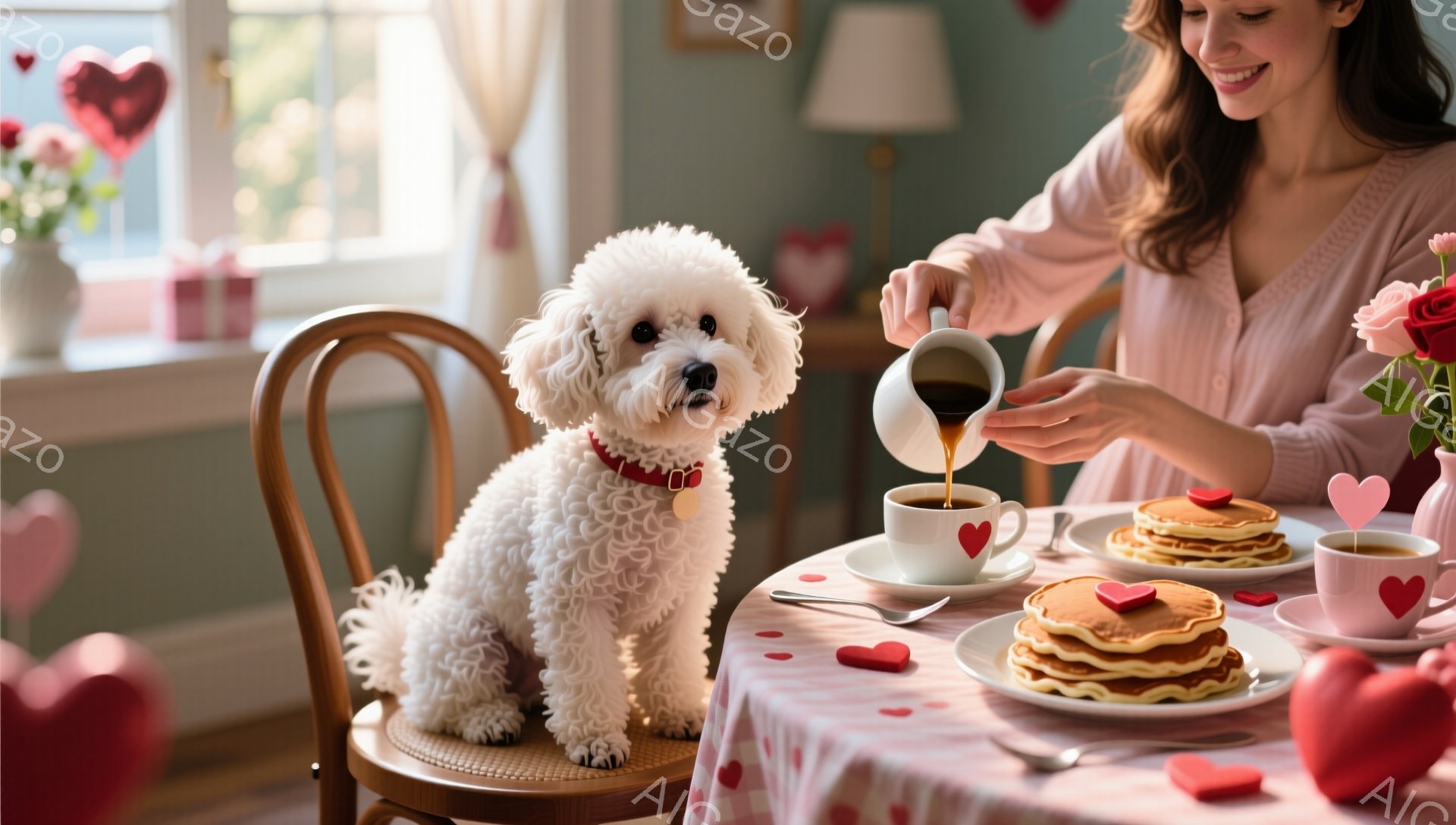 白い巻き毛の犬が椅子に座り、カメラを見つめています。女性はピンクの服を着てコーヒーをカップに注ぎ、パンケーキの朝食がテーブルの上に並んでいます。背景にはハートの装飾があり、明るく温かい雰囲気が漂っています。