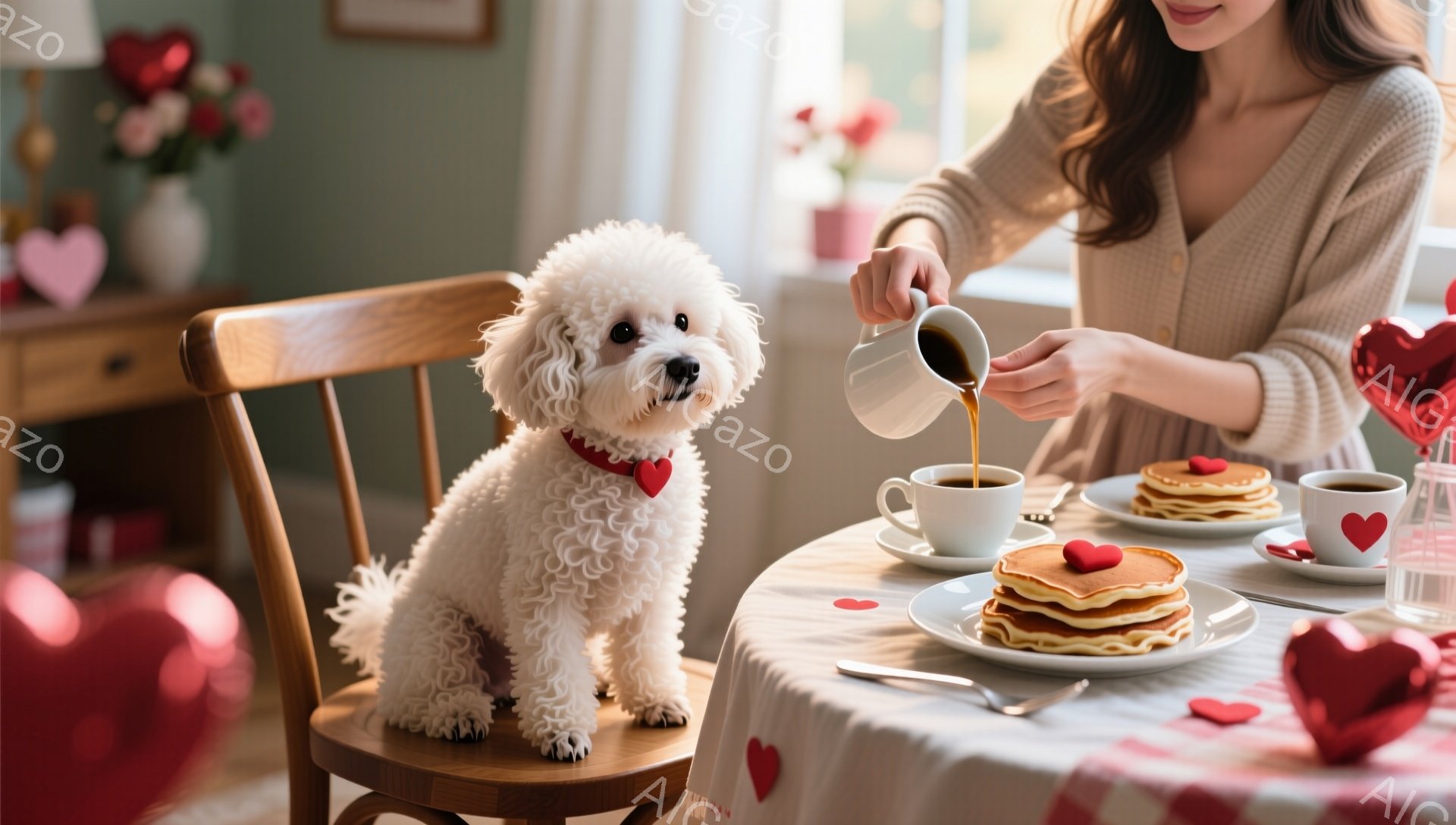 白い巻き毛の犬が椅子に座り、赤い首輪をつけて正面を見つめている。テーブルの上には、ハート型の飾りとパンケーキの乗った皿、コーヒーカップが並び、女性がコーヒーを注いでいる。背景には、花やハート型のバルーンが見え、温かく穏やかな朝食の雰囲気が漂っている。