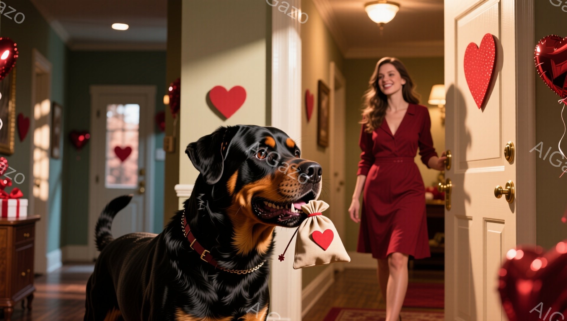 ドーベルマンが赤い首輪をつけ、口に麻袋に入ったハート型のプレゼントをくわえています。女性は赤いワンピースを着て、ドアから部屋に入ってきて、笑顔で犬を見つめています。背景には、バレンタインデーの装飾が施された明るい廊下と、窓から見える穏やかな風景が広がっており、温かく幸せな雰囲気を醸し出しています。