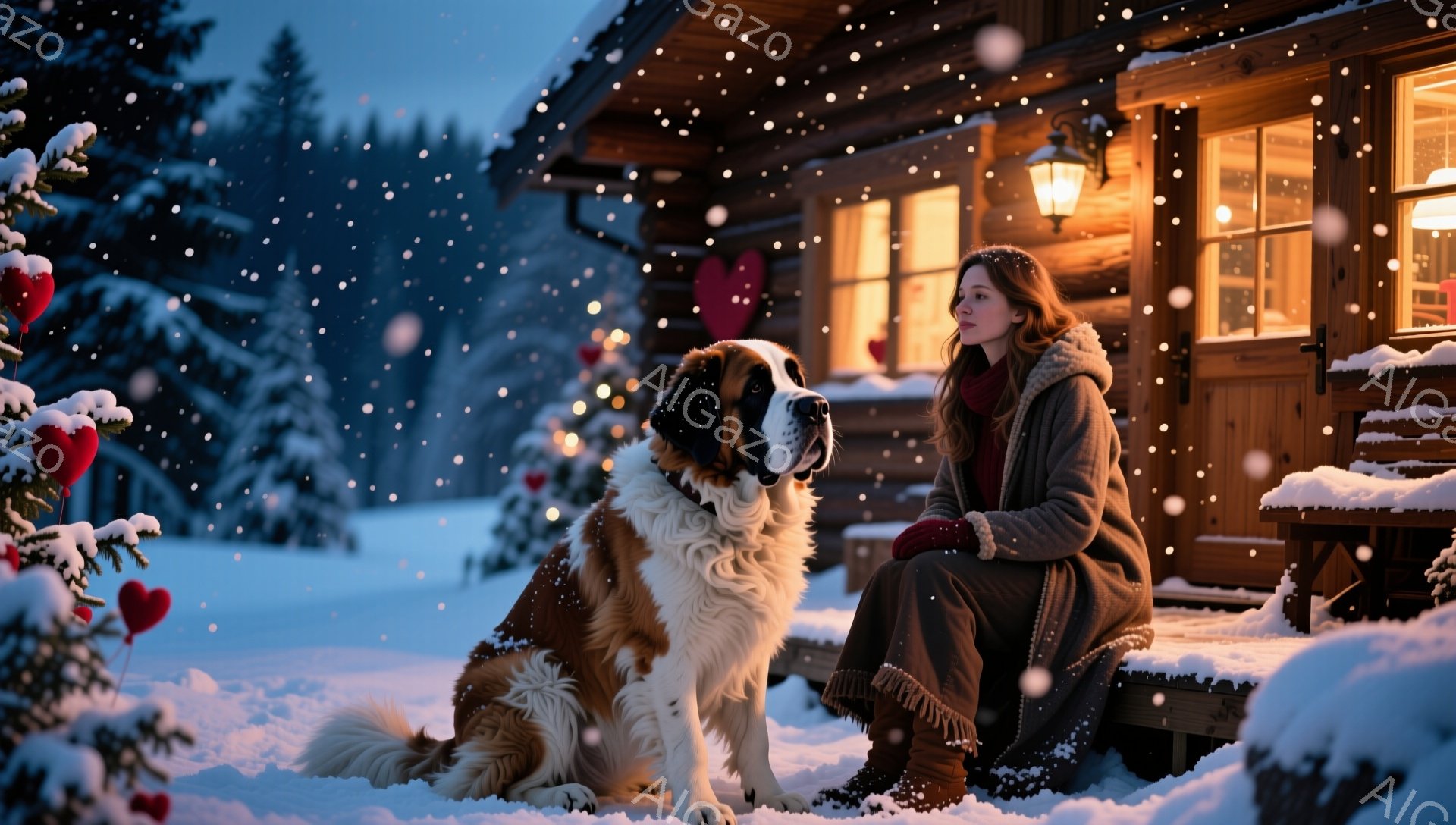 雪が降り積もる中、女性がセントバーナード犬と共に木の家の階段に座っている。彼女は長い茶色の髪をほどかし、セーターとブーツを着ており、物憂げな表情で遠くを見つめている。背景には温かい光を放つ木製の家があり、クリスマスツリーのような装飾と赤いハートが雪景色の中に浮かび上がり、穏やかでノスタルジックな雰囲気を醸し出している。